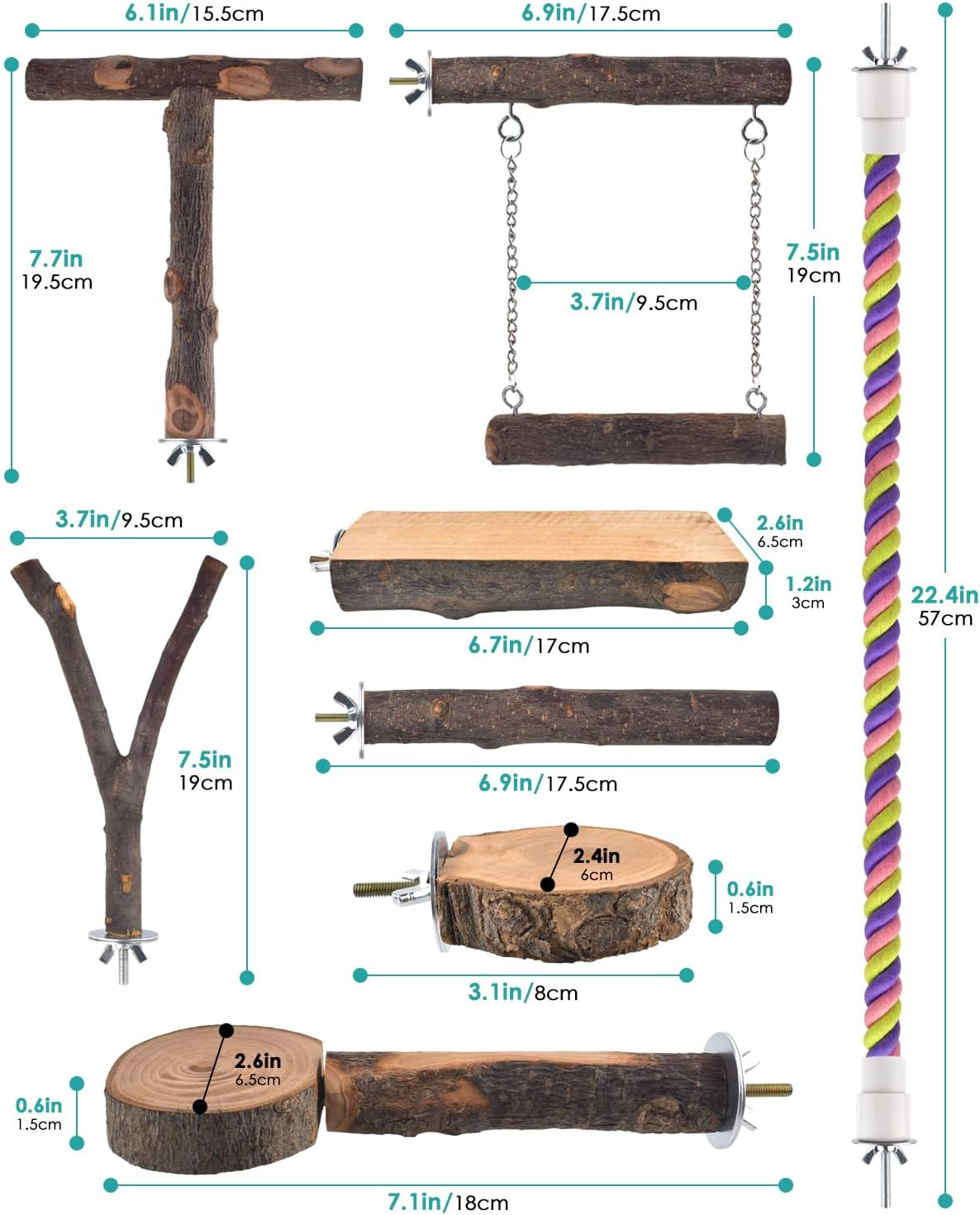 Bird Perches, 8pcs Natural Wood Parrot Perch Platform Chewing Toys Cage Accessories Hanging Multi-Branch Perch Stand Swing Toy Rope Perches for Small and Medium Parakeet, Budgies, Conures Furr-Reel