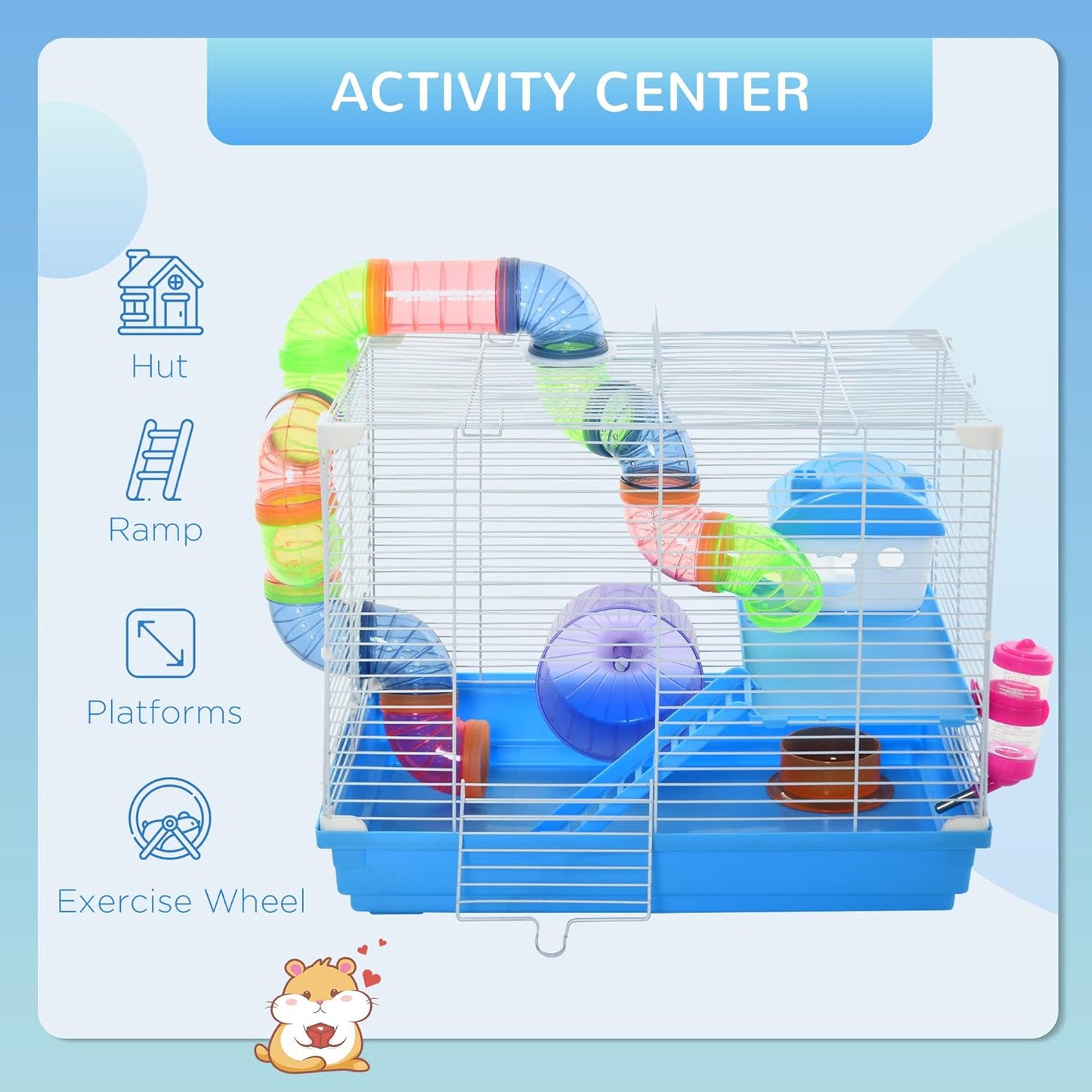 PawHut Cage pour hamster, petit animal - 45,7 cm de long - 2 niveaux - Avec système de tube tunnel - Roue d'exercice - Bouteille d'eau - Gamelle - Rampe - Bleu
