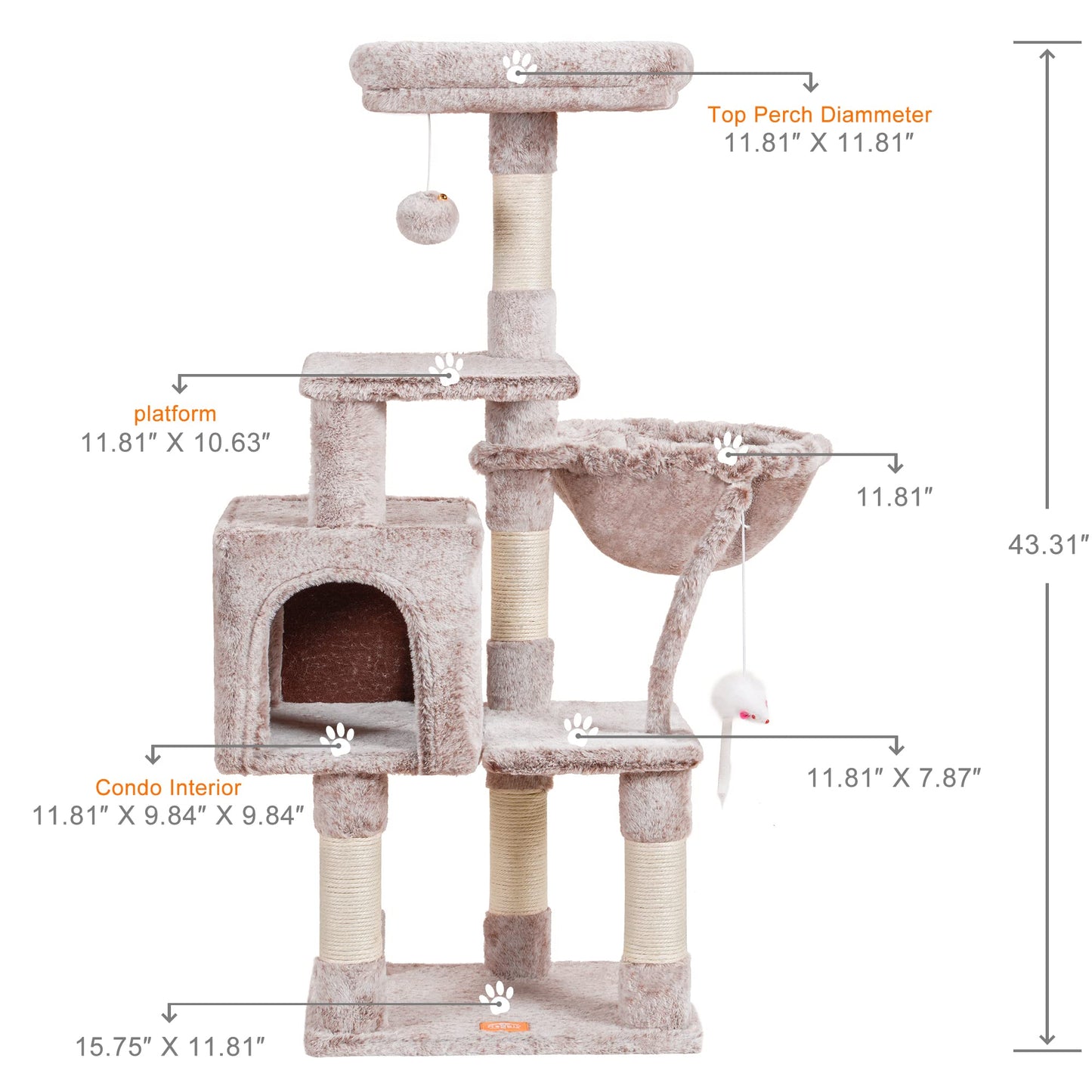 Heybly Cat Tree with Toy, Cat Tower condo for Indoor Cats, Cat House with Padded Plush Perch, Cozy Hammock and Sisal Scratching Posts, Light Gray HCT004SW