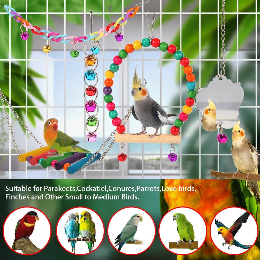 YIXUND Bird Toys for Parakeets, Parrots, Conures, Cockatiels, Love Birds, Finches, Mynah, Budgerigar - 9Pcs Wooden Ladder Bridge, Swing, Hammock, Cage Accessories