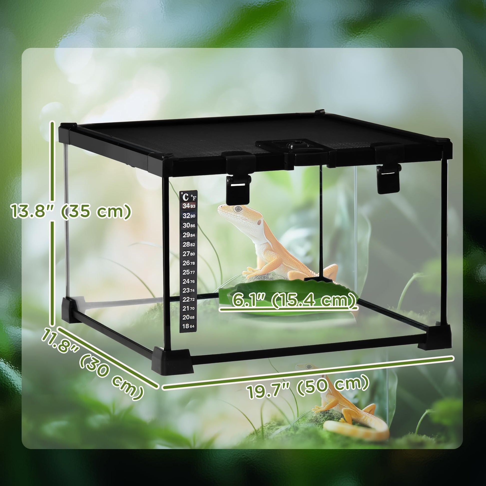 PawHut Glass Reptile Terrarium, 20"x12"x10"Jumping Spider Enclosure with Thermometer, Water Basin, Full View Visually for Lizards, Horned Frogs, Snakes, Spiders - Black - Furr-Reel
