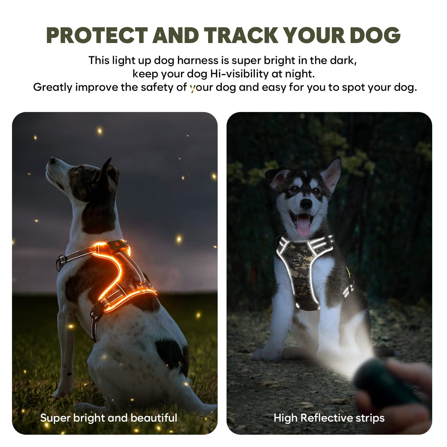 Light Up Dog Harness No Pull, LED Dog Harness with Soft Handle Rechargeable, Lighted Glowing Pet Vest Harness for Large Dogs Night Walking, Reflective/4 Point Adjustable/High Visibility - Orange, L Furr-Reel