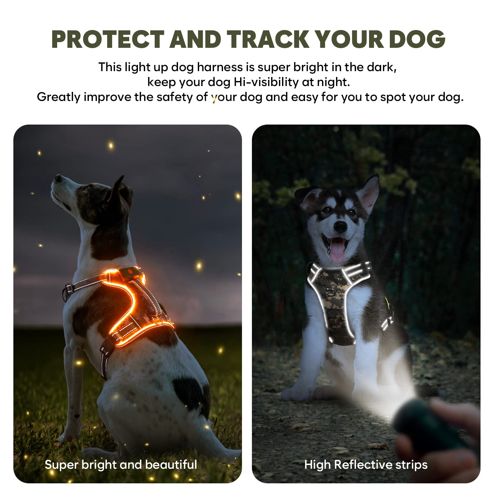 Light Up Dog Harness No Pull, LED Dog Harness with Soft Handle Rechargeable, Lighted Glowing Pet Vest Harness for Large Dogs Night Walking, Reflective/4 Point Adjustable/High Visibility - Orange, L Furr-Reel