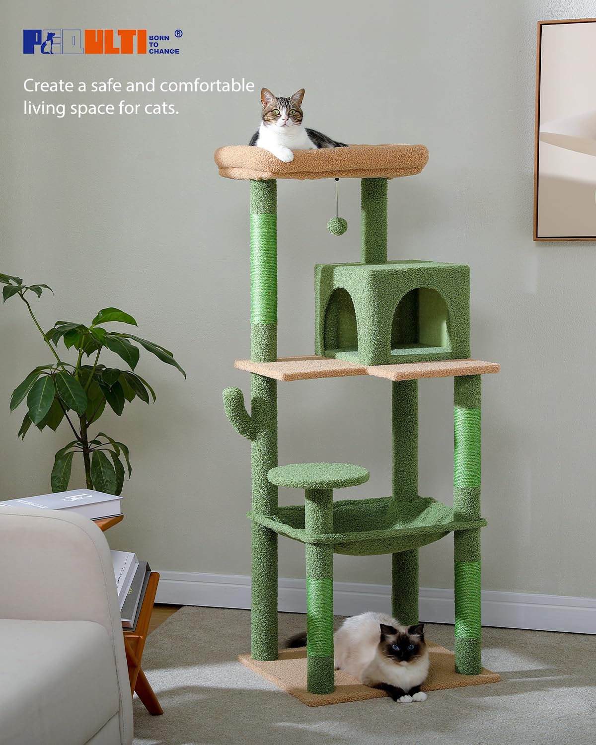 PEQULTI Cat Tree for Large Cats with Super Large Top Perch, [56.3"=143cm] Tower for Indoor Cats with Hammock and Sleeping Bag, Cat Shelves with Scratching Posts and 2 Condos Houses Grey
