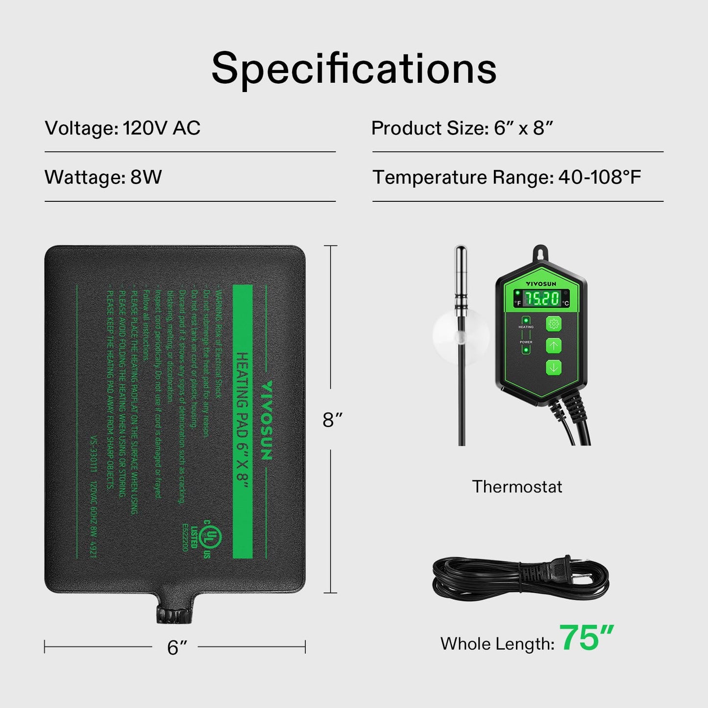 VIVOSUN Tapis chauffant pour reptiles de 15,2 x 20,3 cm avec thermostat combiné sous réservoir pour terrarium, surface imperméable pour tortues, lézards, grenouilles et autres reptiles