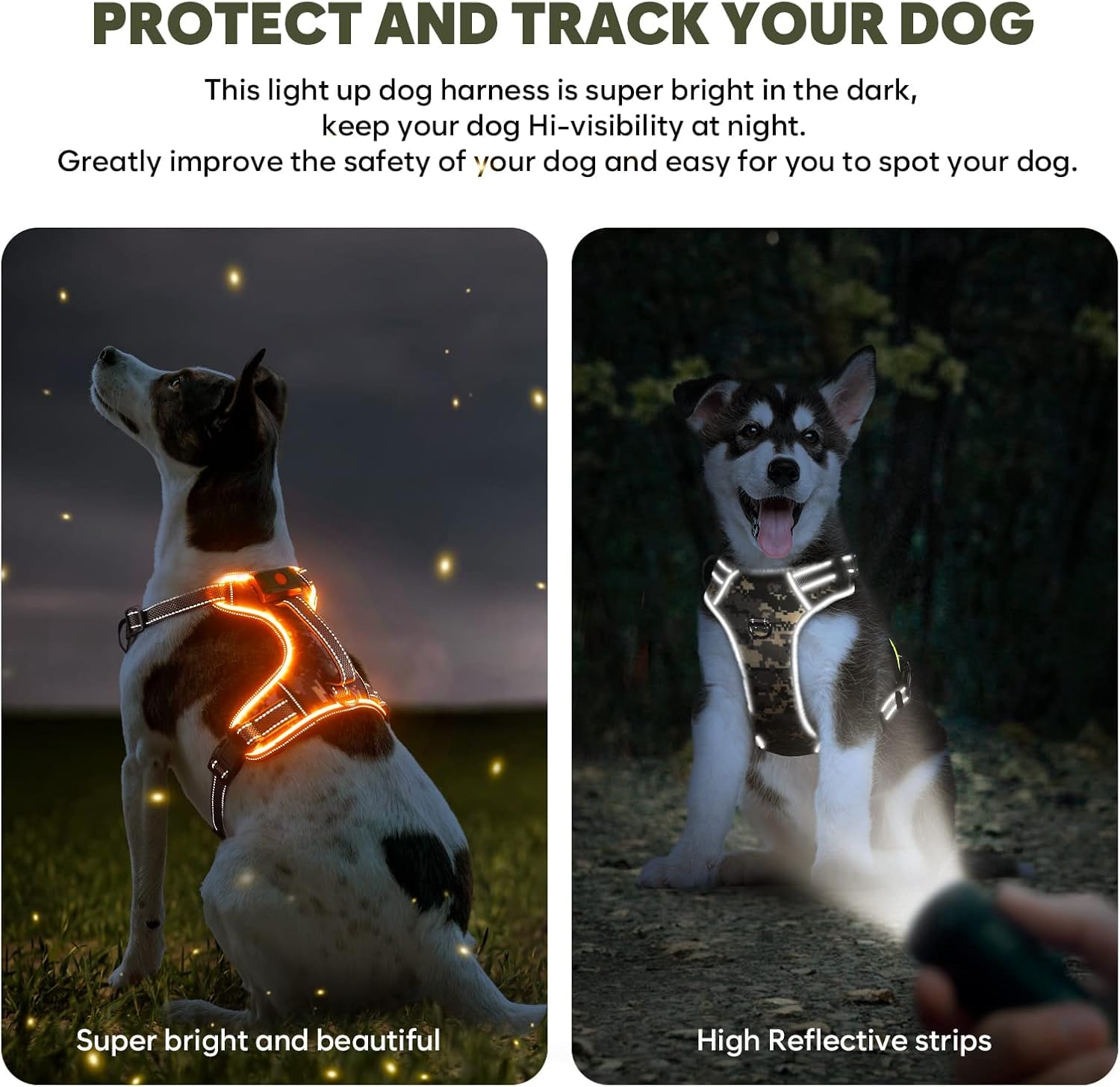 Light Up Dog Harness No Pull, LED Dog Harness with Soft Handle Rechargeable, Lighted Glowing Pet Vest Harness for Large Dogs Night Walking, Reflective/4 Point Adjustable/High Visibility - Orange, L Furr-Reel