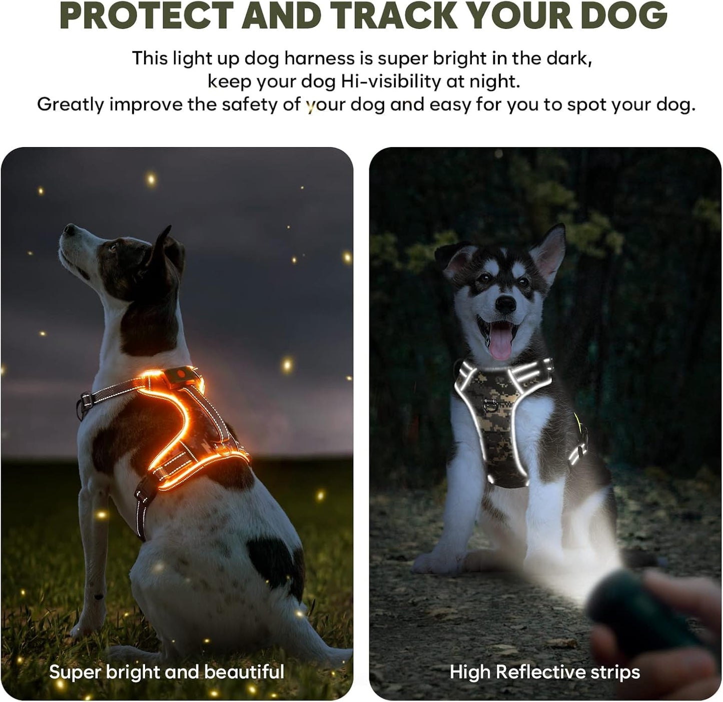 Light Up Dog Harness No Pull, LED Dog Harness with Soft Handle Rechargeable, Lighted Glowing Pet Vest Harness for Large Dogs Night Walking, Reflective/4 Point Adjustable/High Visibility - Orange, L Furr-Reel