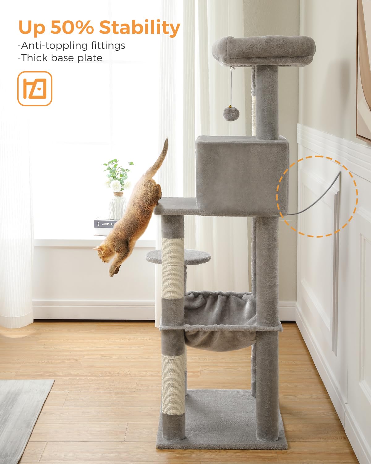 PEQULTI Cat Tree for Large Cats with Super Large Top Perch, [56.3"=143cm] Tower for Indoor Cats with Hammock and Sleeping Bag, Cat Shelves with Scratching Posts and 2 Condos Houses Grey