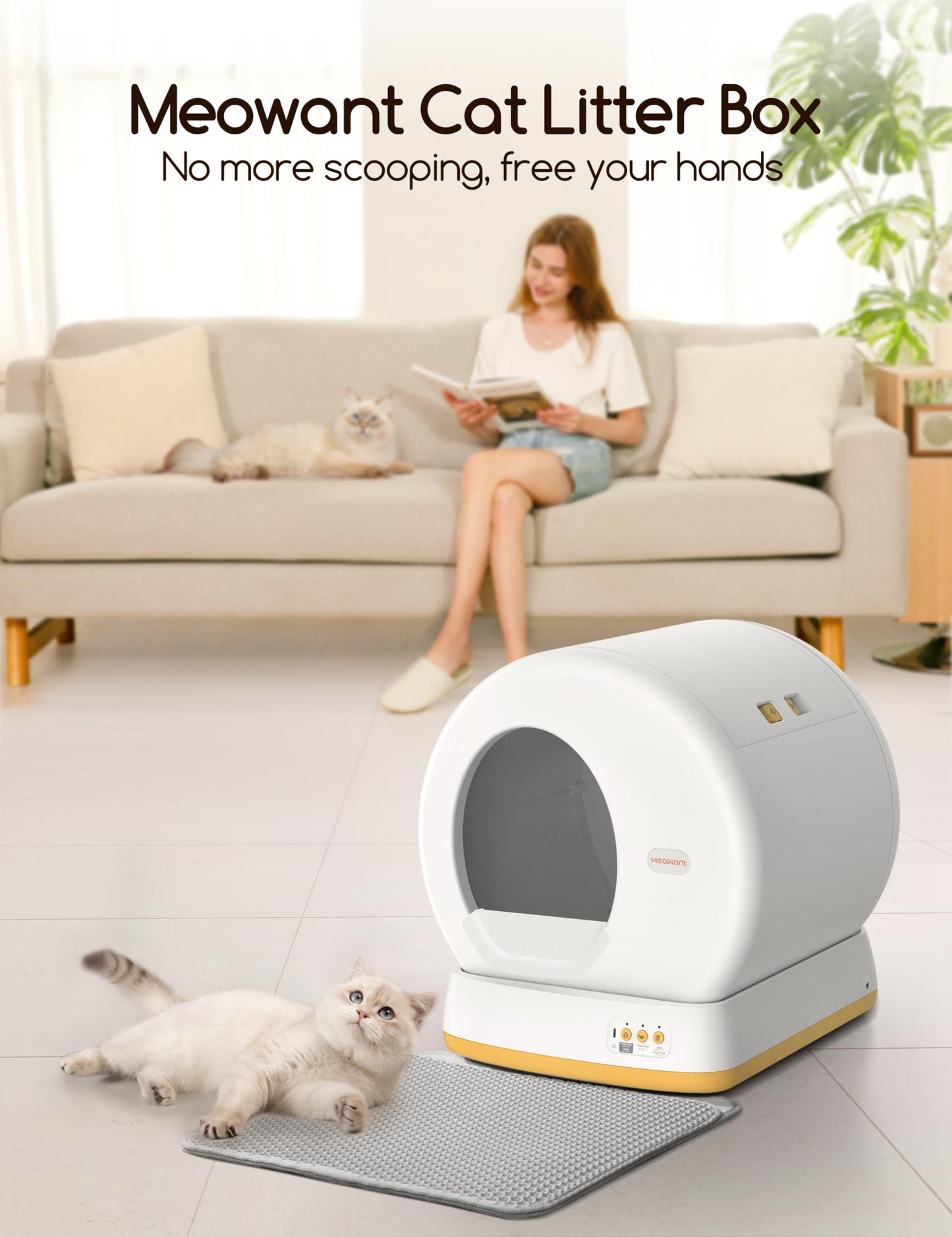 MeoWant Self-Cleaning Cat Litter Box, Integrated Safety Protection Automatic Cat Litter Box for Multi Cats, Extra Large/Odor Isolation/APP Control Cat Litter Box, Confirm Seller is【MeoWant-Direct】