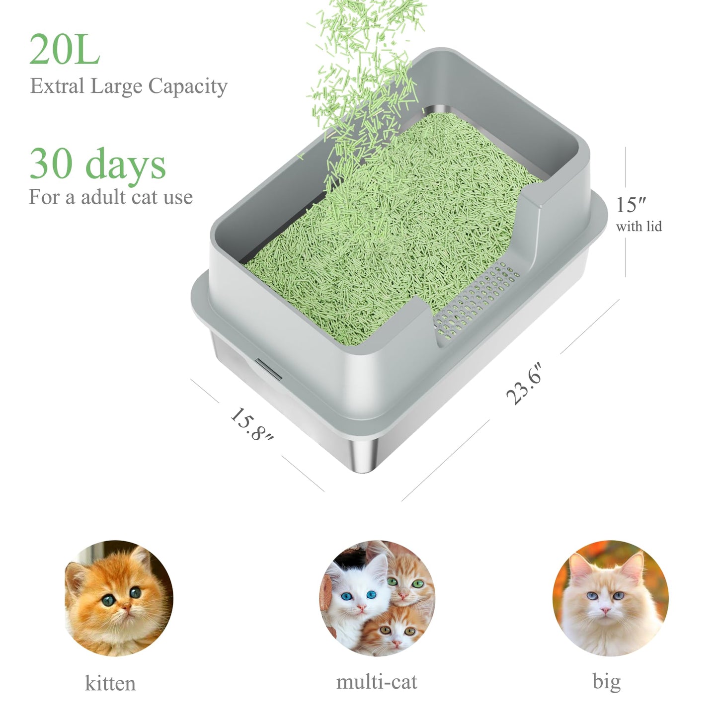 TENTIZON Stainless Steel Cat Litter Box, Extra Large Enclosed Kitty Litter Box with Removable Lid, Scoop, Pedal, XL High Sided Metal Litter Pan for Kitten, Big Cats Up to 11KG