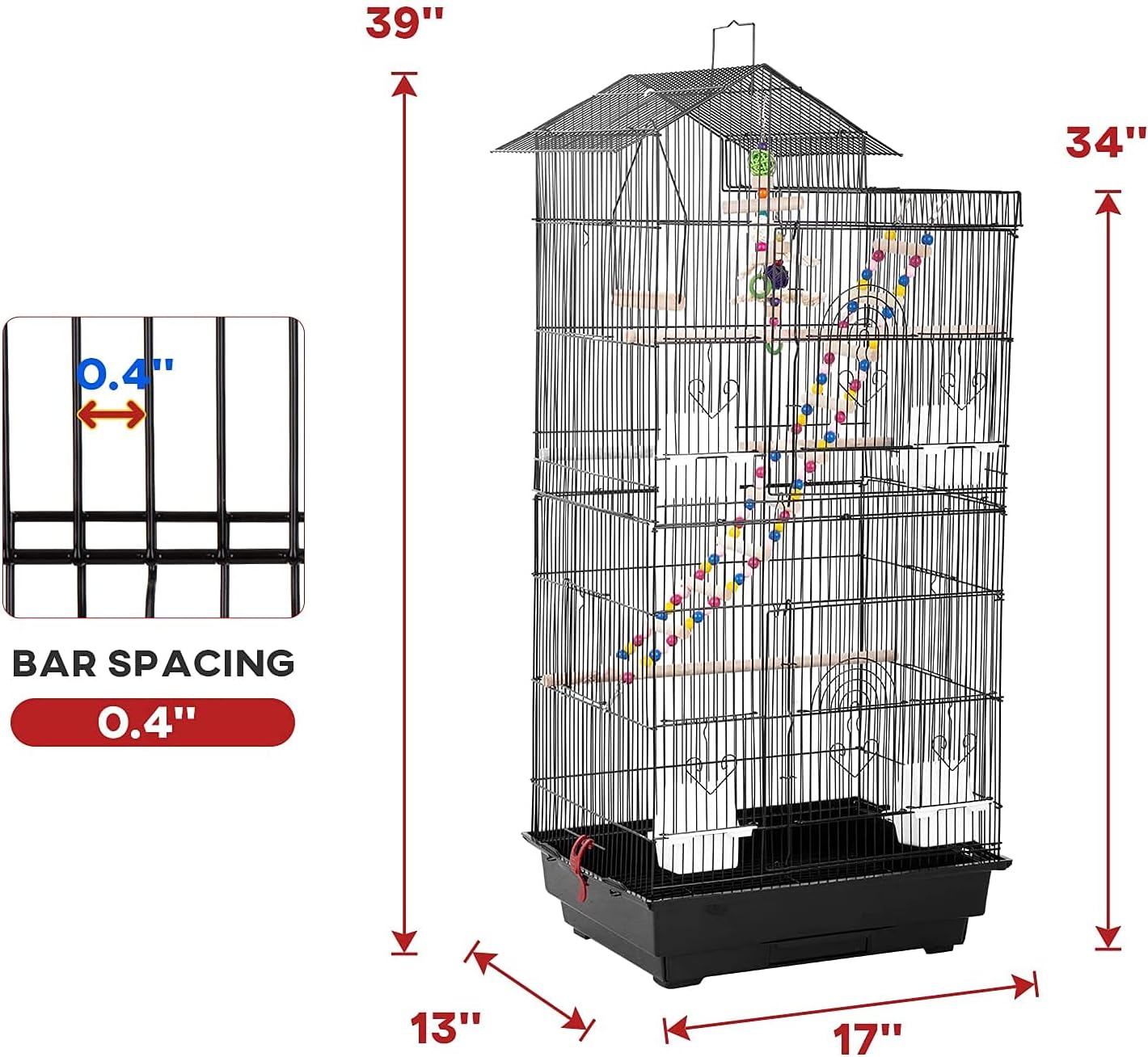 BestPet 39 inch Roof Top Large Flight Parrot Bird Cage Accessories Medium Roof Top Large Flight cage Parakeet cage for Small Cockatiel Canary Parakeet Sun Parakeet Pet Toy (Black)