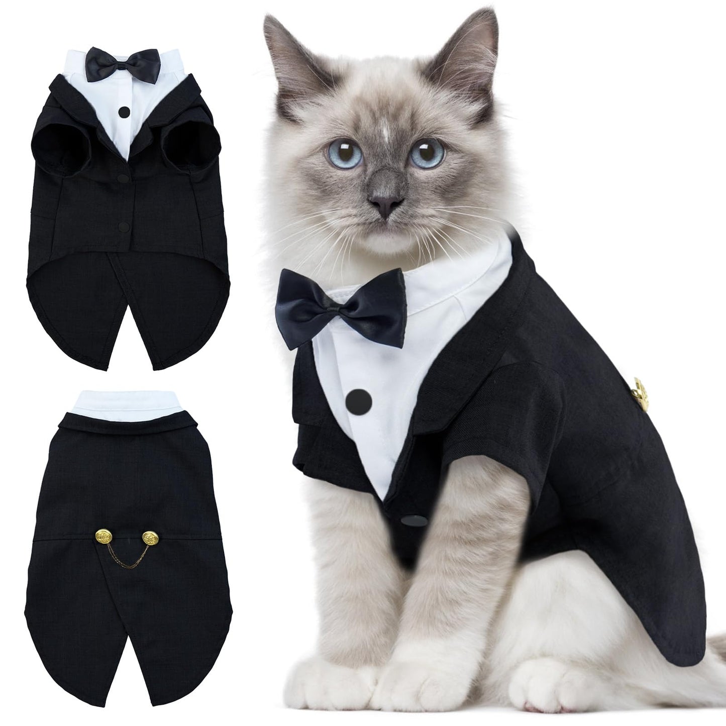 DENTRUN Cat Tuxedo Outfit, Sphynx Cat Costume Formal Suit with Bow Tie, Stylish Cat Shirt Fashion Apparel Fancy Clothes, Kitten Formal Attire Wedding Onesie Costume for Cats Only