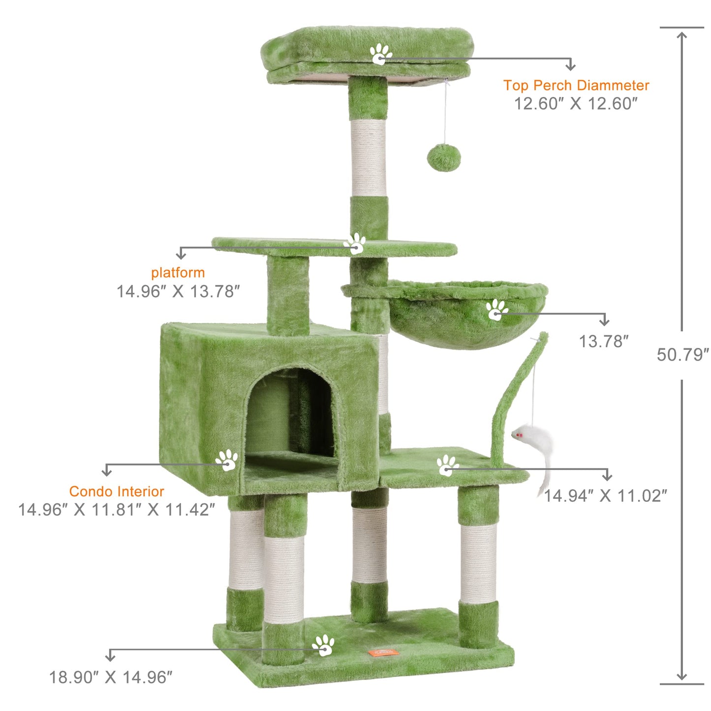 Heybly Cat Tree with Toy, Cat Tower condo for Indoor Cats, Cat House with Padded Plush Perch, Cozy Hammock and Sisal Scratching Posts, Light Gray HCT004SW