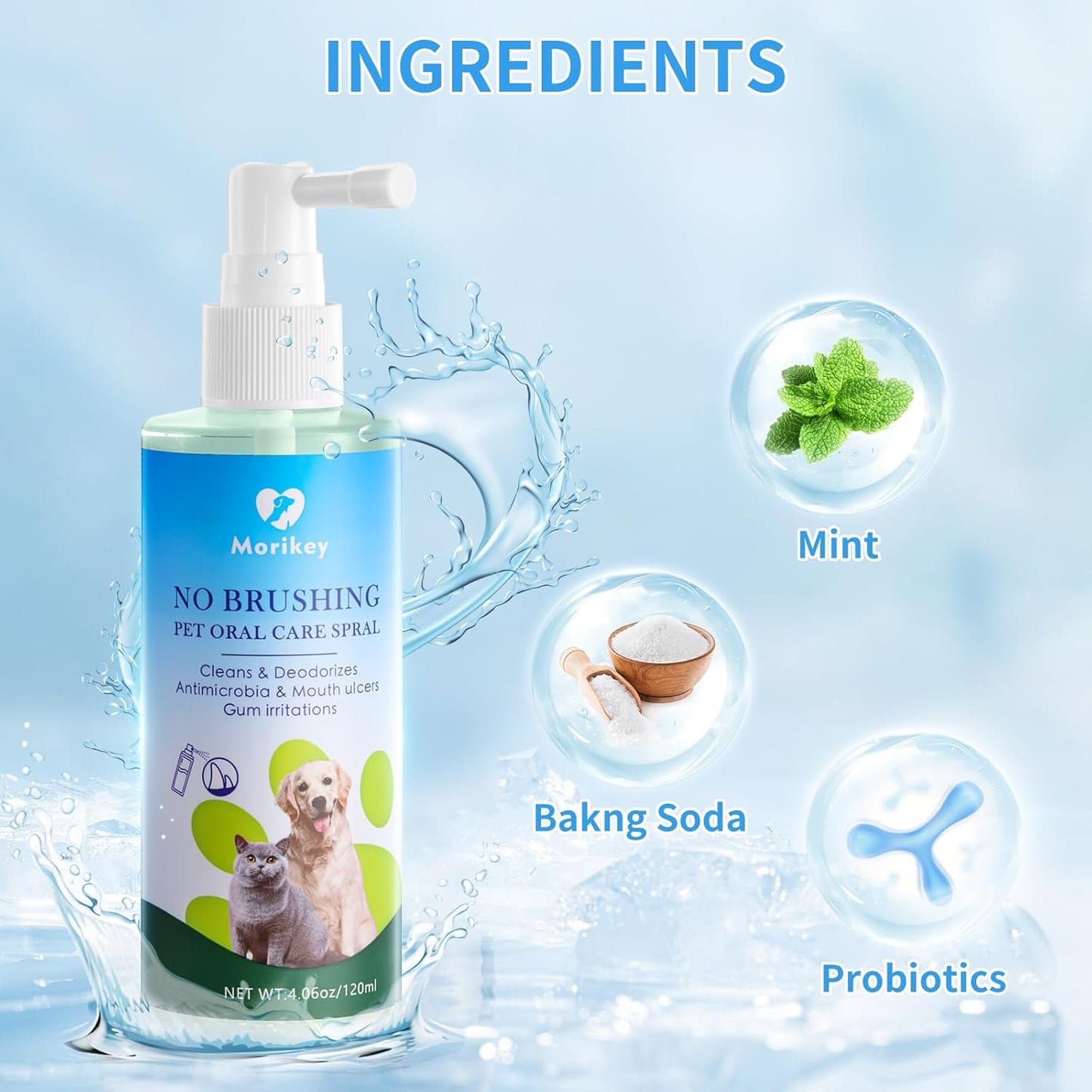 Morikey Pet Oral Spray Clean Gentle Bad Breath Treatment, Cleaning for Teeth, Gums and Oral Health Care for Your Dogs and Cats 2 Teeth Brushes Included 4.06 Fl Oz