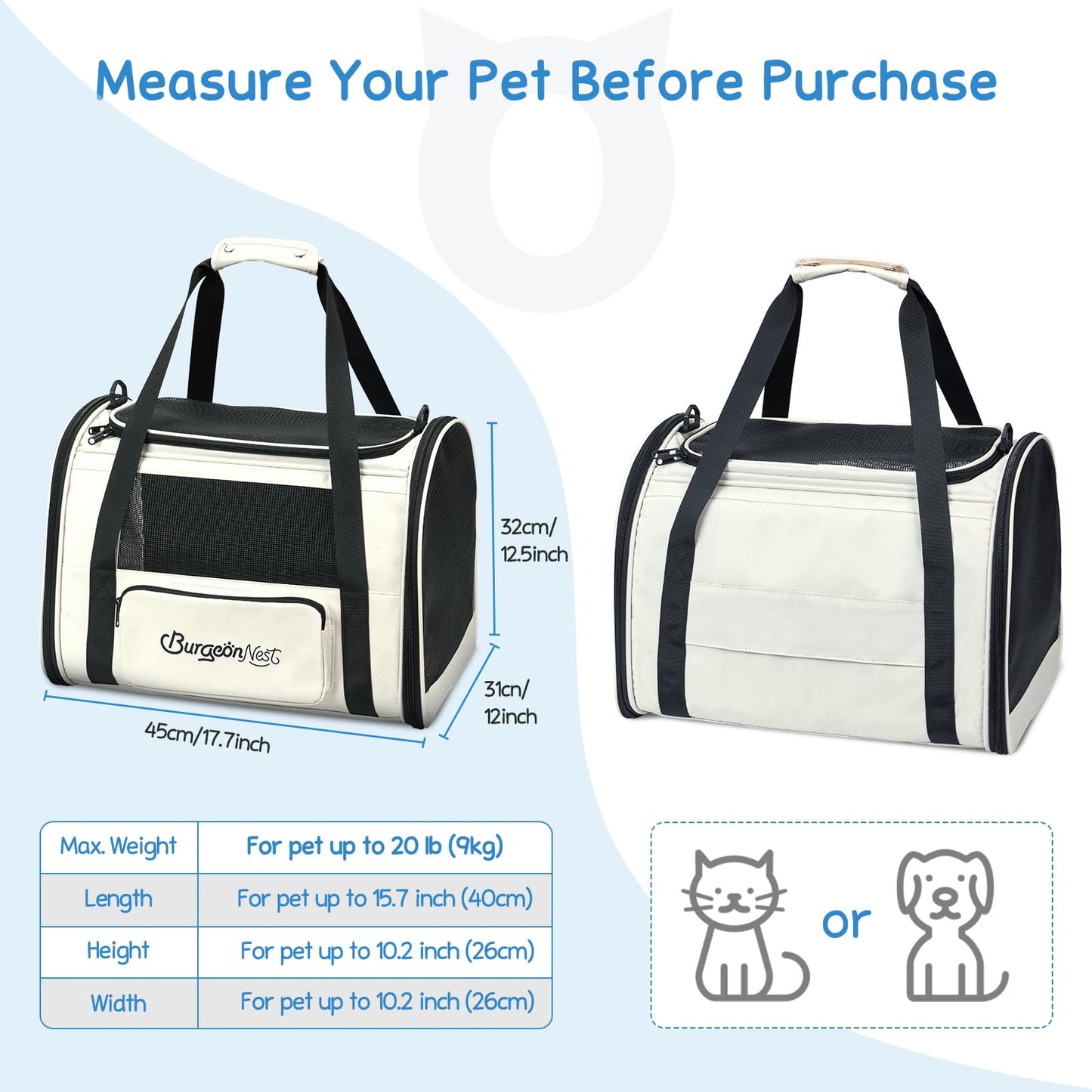 BurgeonNest Dog Carrier for Small Dogs and Large Cats Under 20 lbs, Medium Cats 25 lbs, and with Unique Side Bag,Top Load Pet Carrier Soft-Sided Escape Proof with 4 Ventilated Windows