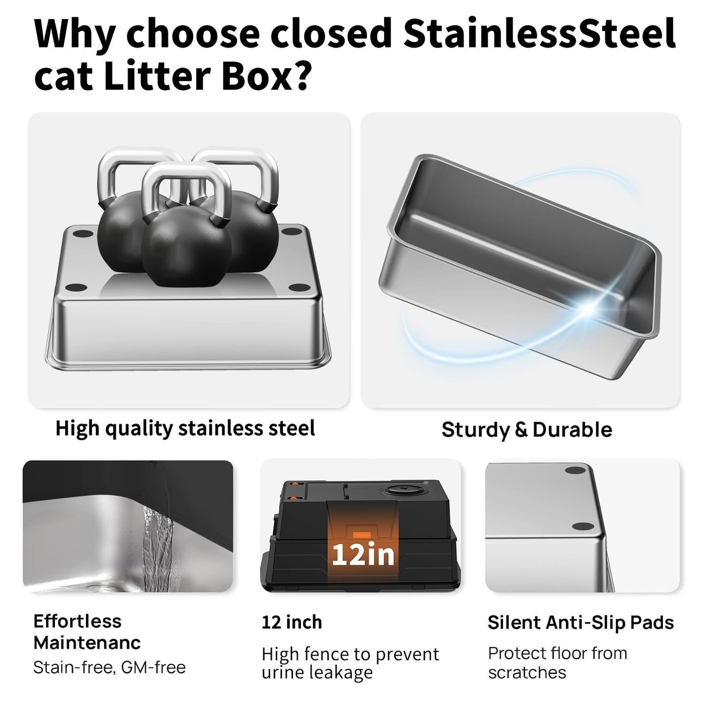 XXL Stainless Steel Litter Box,Extra Large Enclosed Litter Box,High Side Cat LitterBox for Large Cats and Multi-Cats,Non-Sticky,Anti-Leakage and Easy to Clean,Size:50x70x43cm