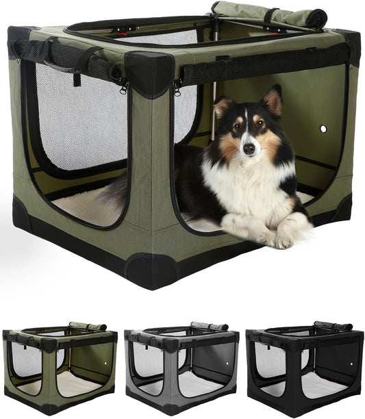 Veraste 30 Inch Collapsible Travel Dog Crate for Medium Large Dogs, Portable Dog Crate 4-Door Foldable Soft Kennel with Chew-Proof Mesh Windows for Indoor & Outdoor, with Storage Bag（Green）