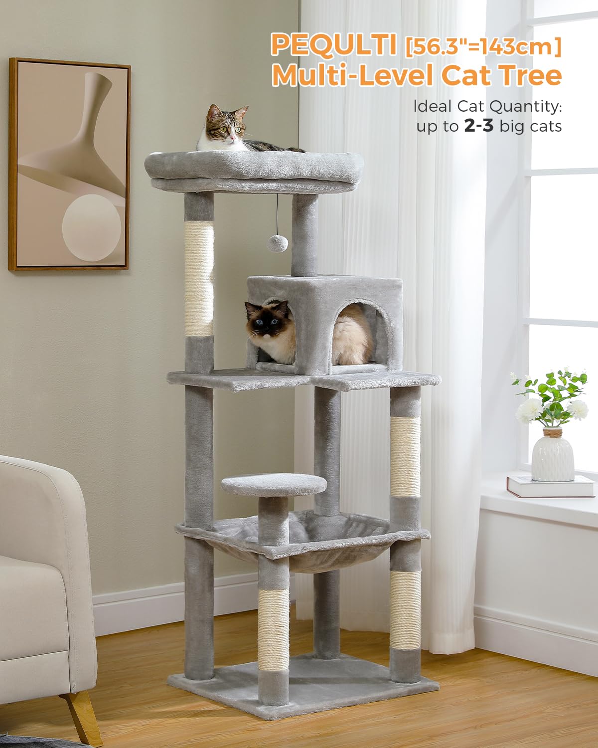 PEQULTI Cat Tree for Large Cats with Super Large Top Perch, [56.3"=143cm] Tower for Indoor Cats with Hammock and Sleeping Bag, Cat Shelves with Scratching Posts and 2 Condos Houses Grey