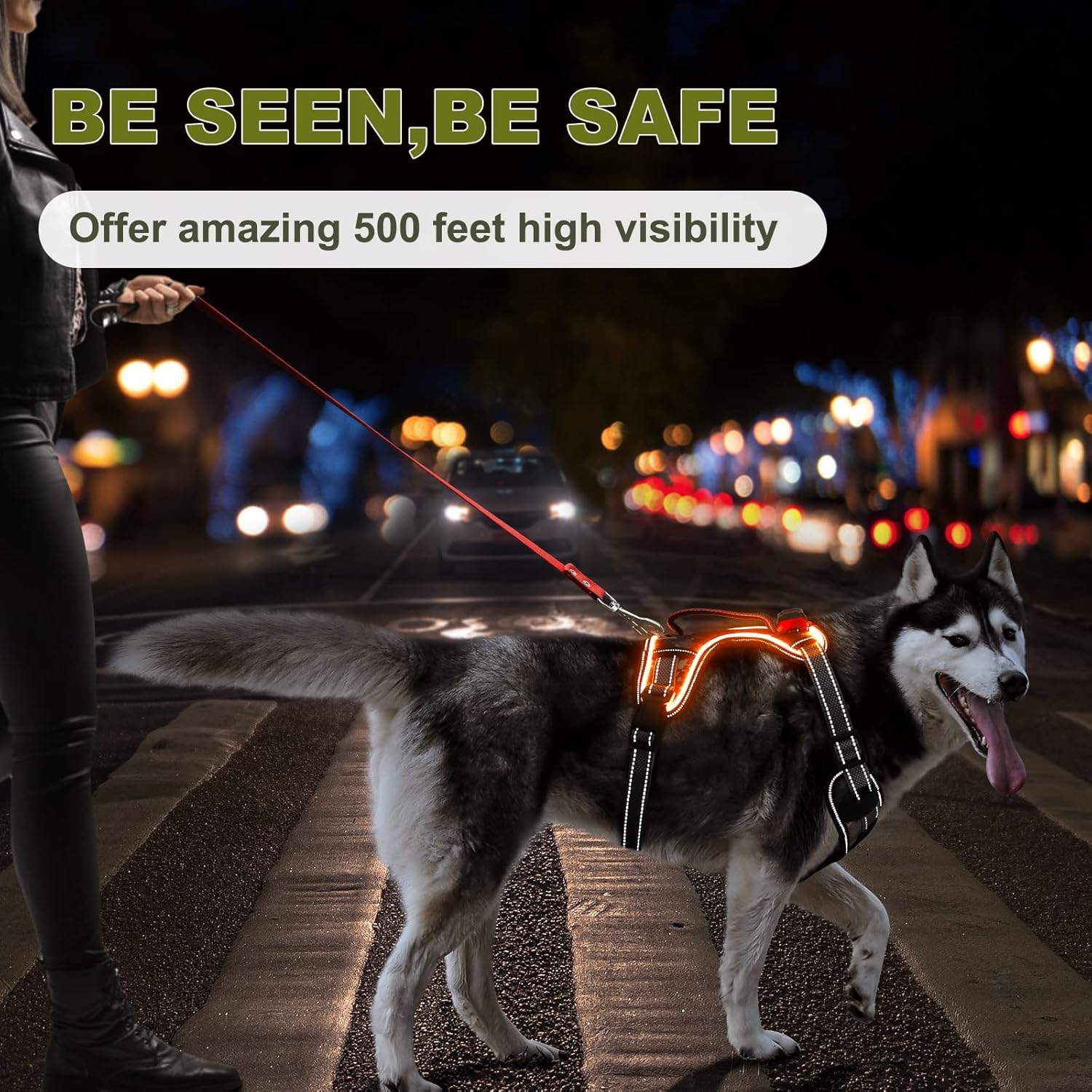 Light Up Dog Harness No Pull, LED Dog Harness with Soft Handle Rechargeable, Lighted Glowing Pet Vest Harness for Large Dogs Night Walking, Reflective/4 Point Adjustable/High Visibility - Orange, L Furr-Reel