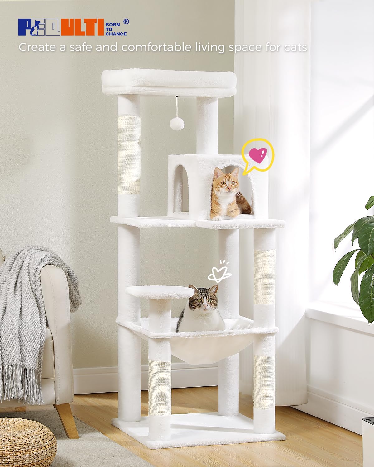 PEQULTI Cat Tree for Large Cats with Super Large Top Perch, [56.3"=143cm] Tower for Indoor Cats with Hammock and Sleeping Bag, Cat Shelves with Scratching Posts and 2 Condos Houses Grey
