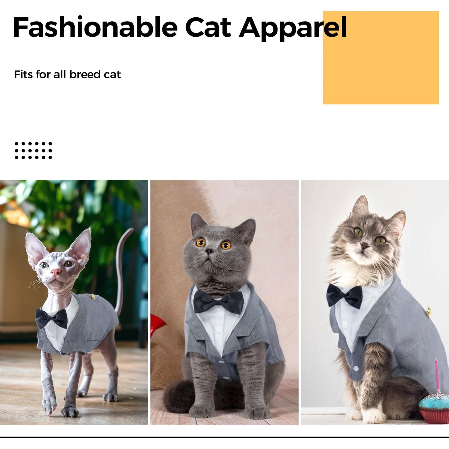 DENTRUN Cat Tuxedo Outfit, Sphynx Cat Costume Formal Suit with Bow Tie, Stylish Cat Shirt Fashion Apparel Fancy Clothes, Kitten Formal Attire Wedding Onesie Costume for Cats Only