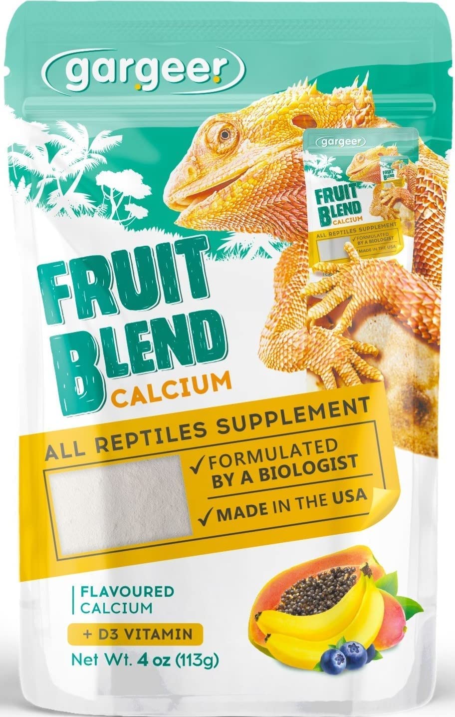 Gargeer 4oz All Reptile Calcium with Vitamin D3, Phosphorus-Free, Ultrafine Powder. Pure dust, Real Fruits Blend Flavored Ready to Use Supplement, for Lizards & Amphibians. Made in The USA. Enjoy !