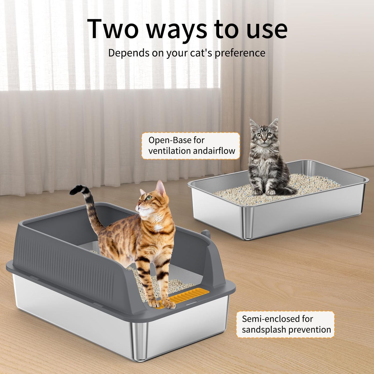 XXL Stainless Steel Litter Box,Extra Large Enclosed Litter Box,High Side Cat LitterBox for Large Cats and Multi-Cats,Non-Sticky,Anti-Leakage and Easy to Clean,Size:50x70x43cm