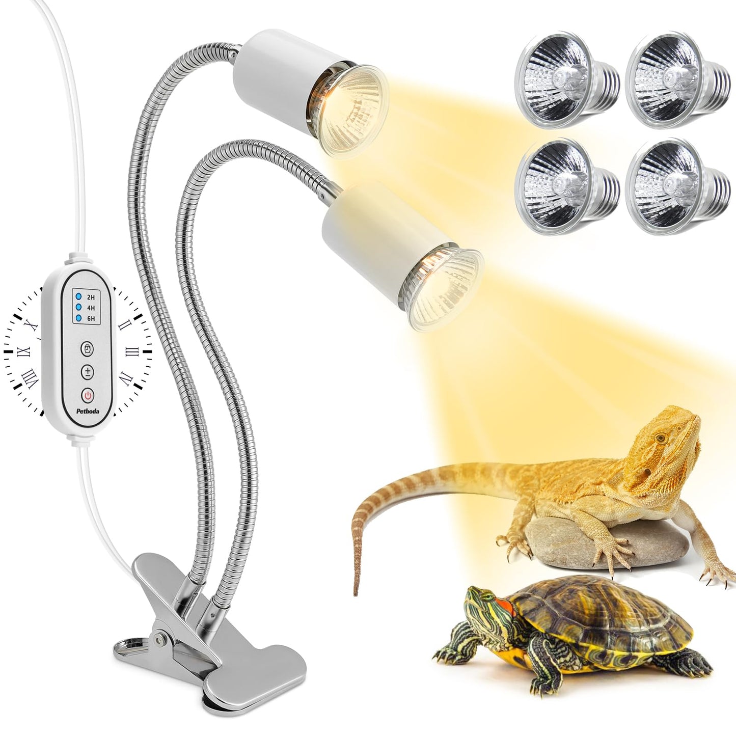 Petboda Reptile Heat Lamp, Dual Head UVA/UVB Reptile Light with Cycle Timer, Dimmable Basking Light for Turtle Tortoise Lizard Snake Bearded Dragon and More, 4 Bulbs Included (Black) - Furr-Reel