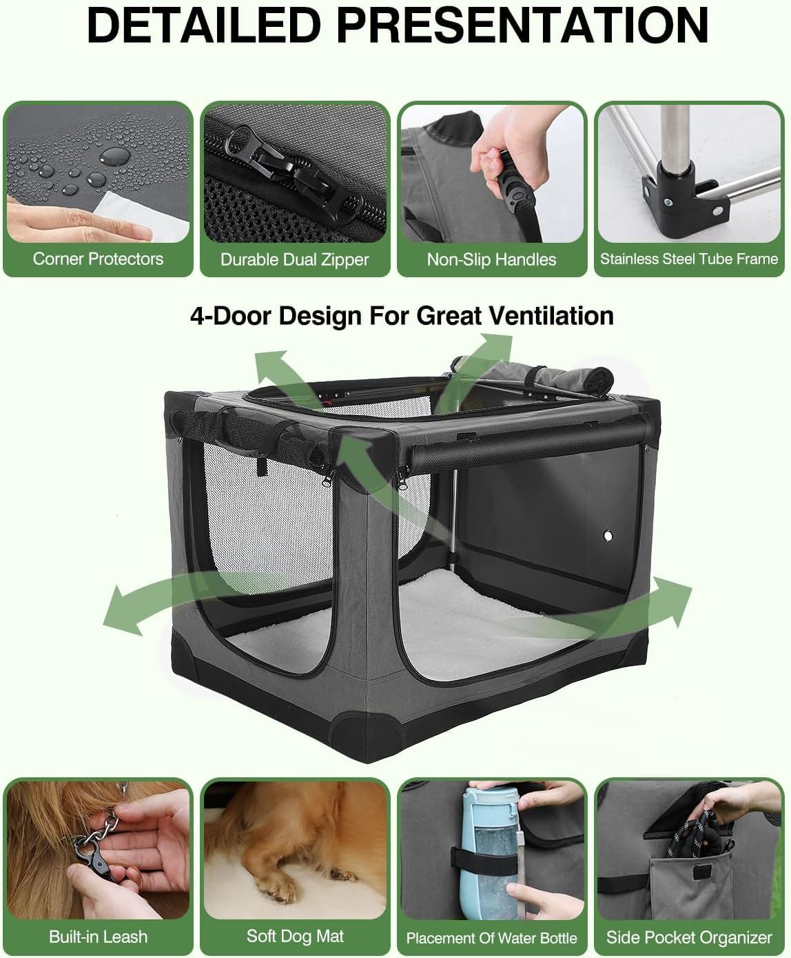 Veraste 30 Inch Collapsible Travel Dog Crate for Medium Large Dogs, Portable Dog Crate 4-Door Foldable Soft Kennel with Chew-Proof Mesh Windows for Indoor & Outdoor, with Storage Bag（Green）