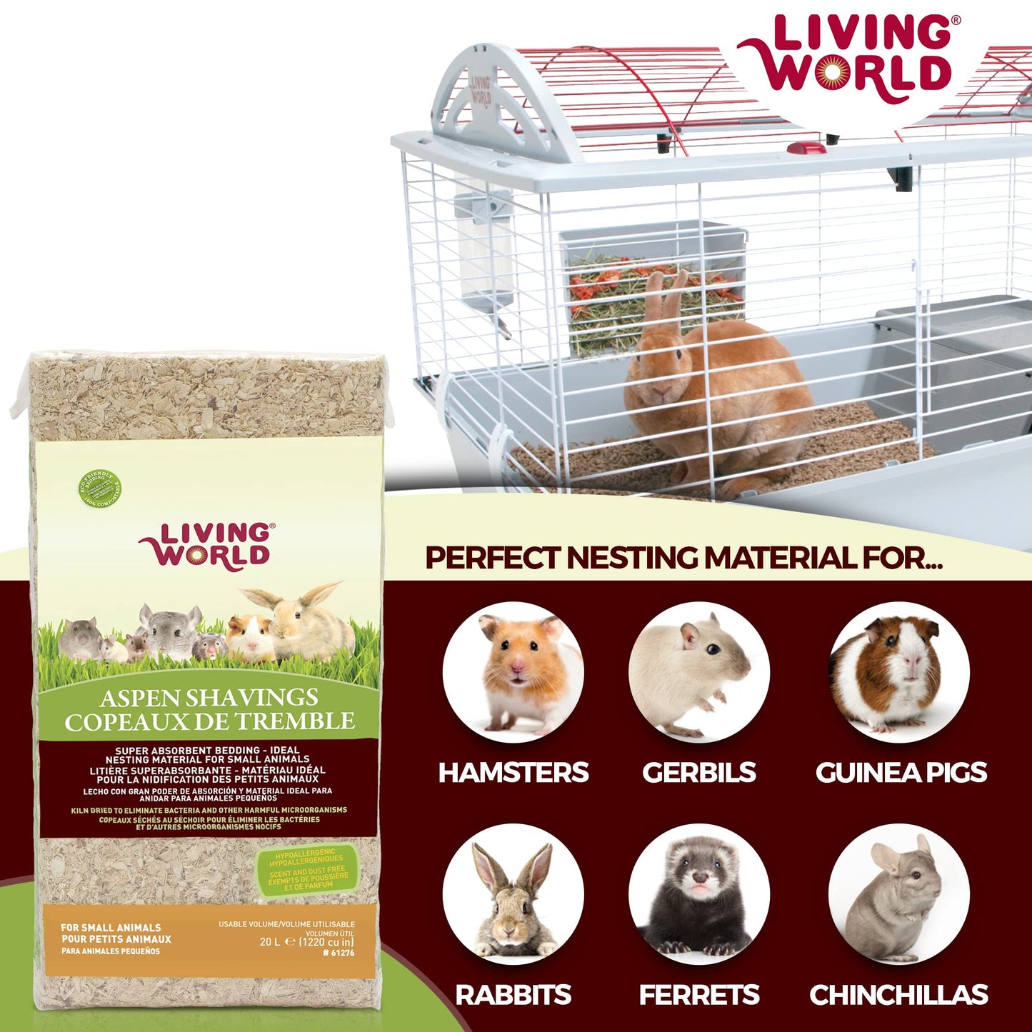 Living World Aspen Wood Shavings for Small Animals, Bedding & Nesting Material, 1200 Cubic Inches