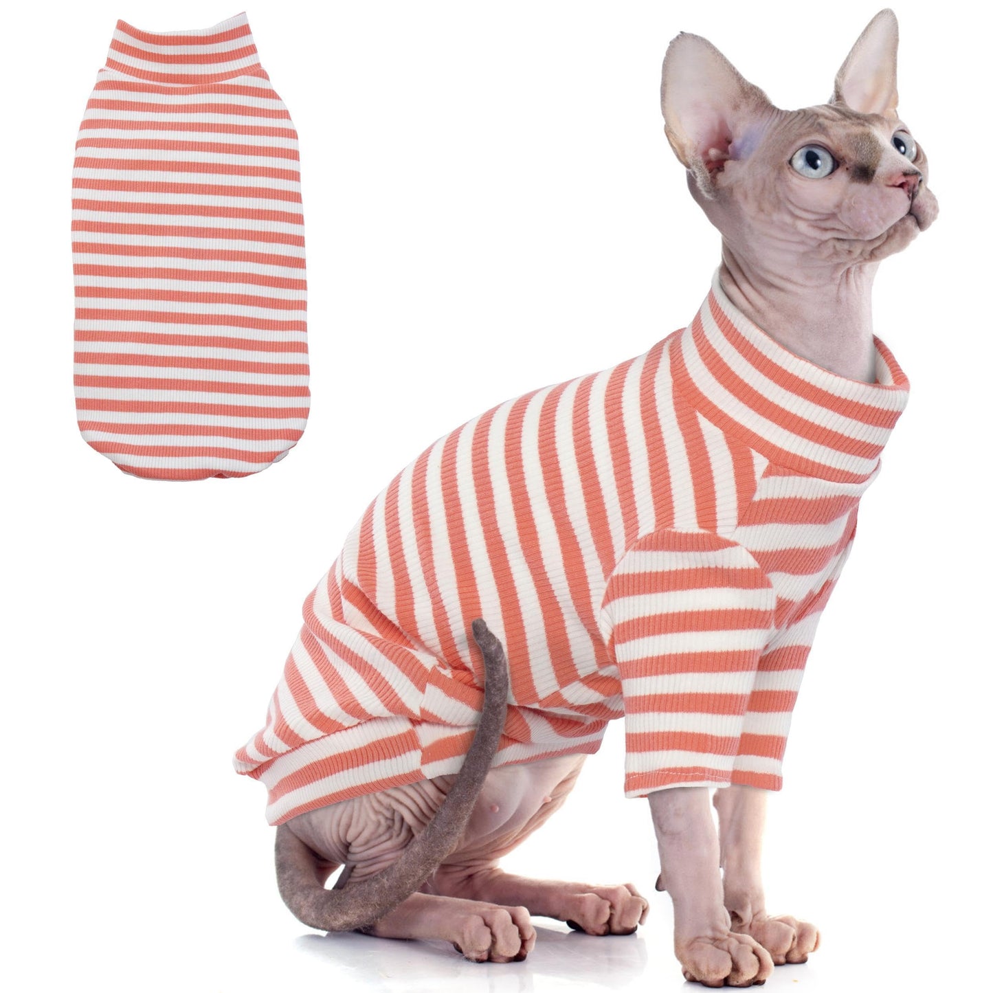PUMYPOREITY Sphynx Cat Clothes - Soft Hairless Shirt With Sleeves, Stretchy Sweater, Pullover Pajamas Jumpsuit, Turtleneck Outfit for Sphynx Cornish Rex, Devon Rex - Rainbow, XS