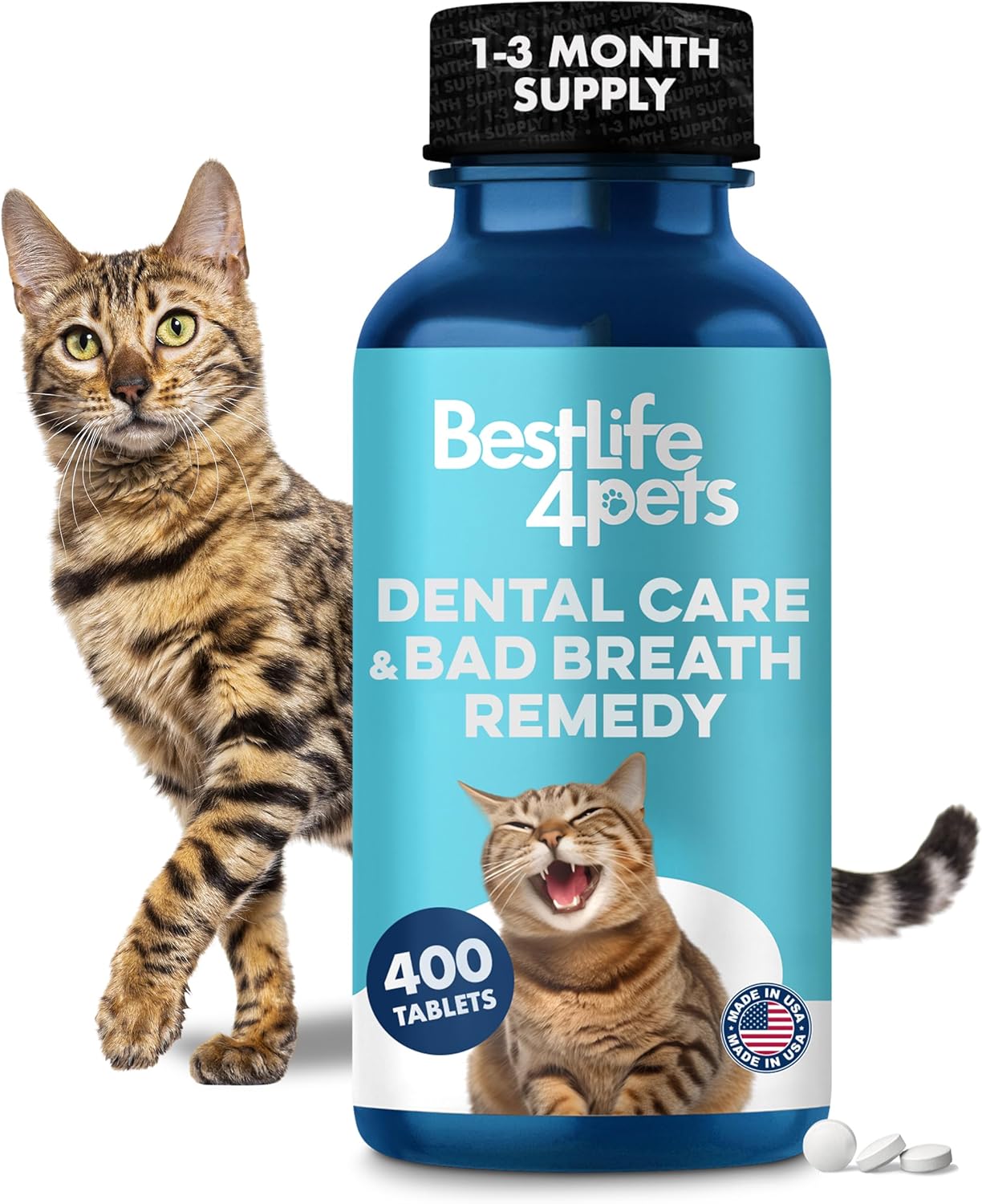 Cat Dental Care & Bad Breath Remedy, Natural Oral Health for Cats Teeth, Mouth, Gums, Daily Cat Breath Freshener, Plaque and Tartar Control Help Gingivitis and Stomatitis, Easy to Use 400 Tiny Pills