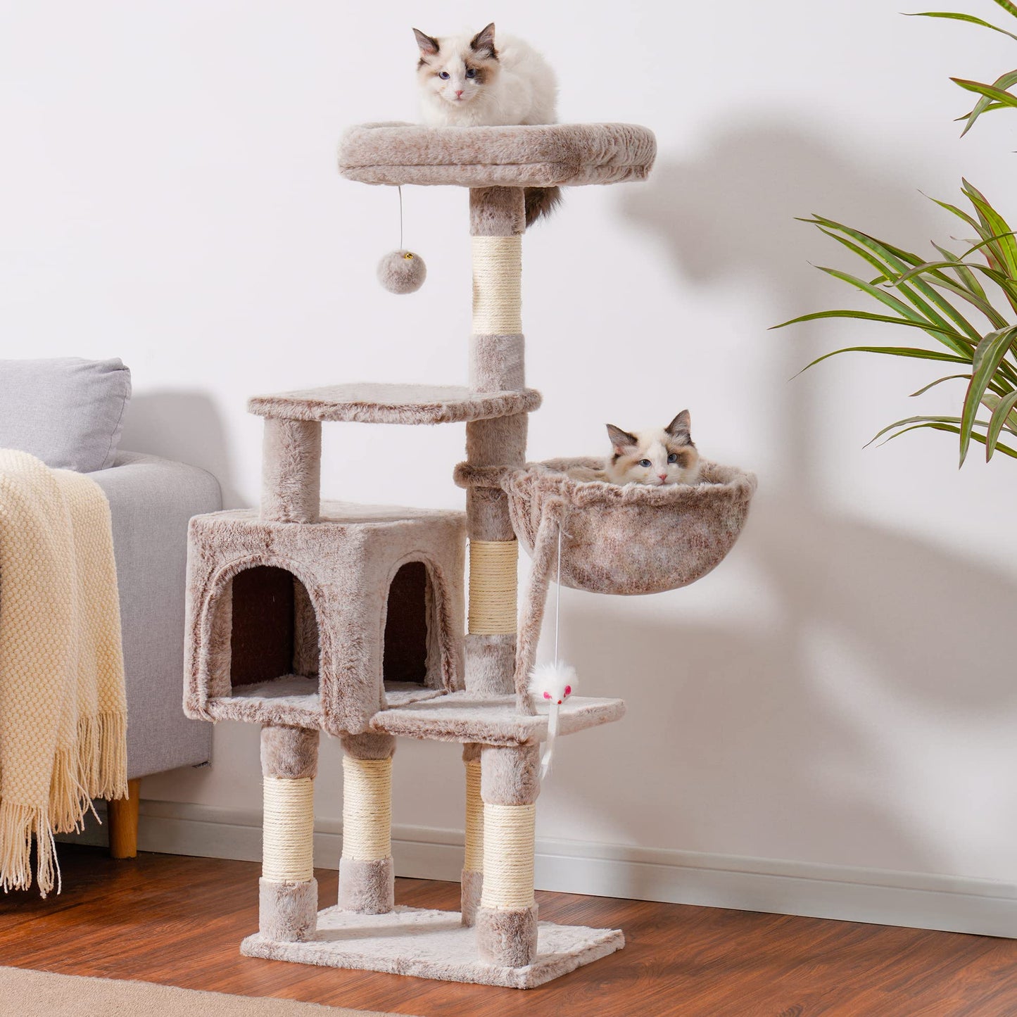 Heybly Cat Tree with Toy, Cat Tower condo for Indoor Cats, Cat House with Padded Plush Perch, Cozy Hammock and Sisal Scratching Posts, Light Gray HCT004SW
