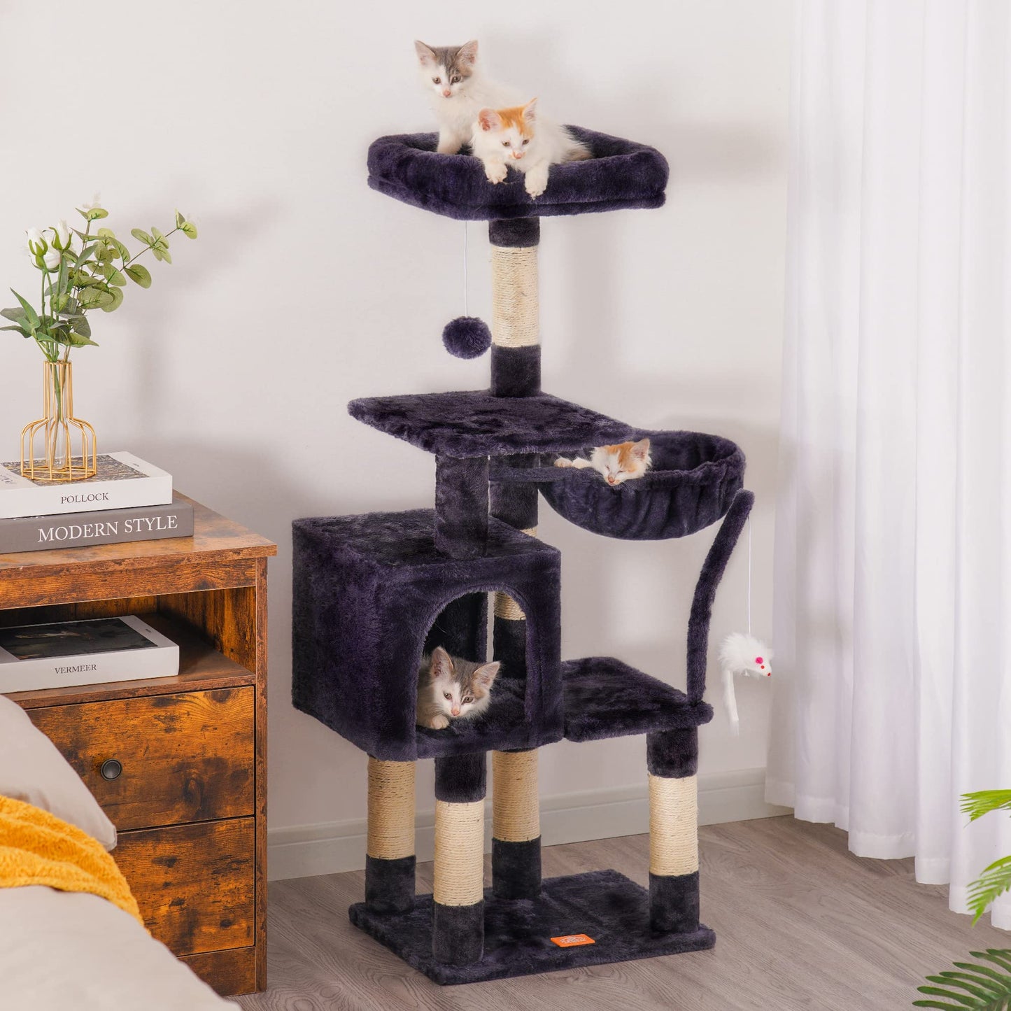 Heybly Cat Tree with Toy, Cat Tower condo for Indoor Cats, Cat House with Padded Plush Perch, Cozy Hammock and Sisal Scratching Posts, Light Gray HCT004SW