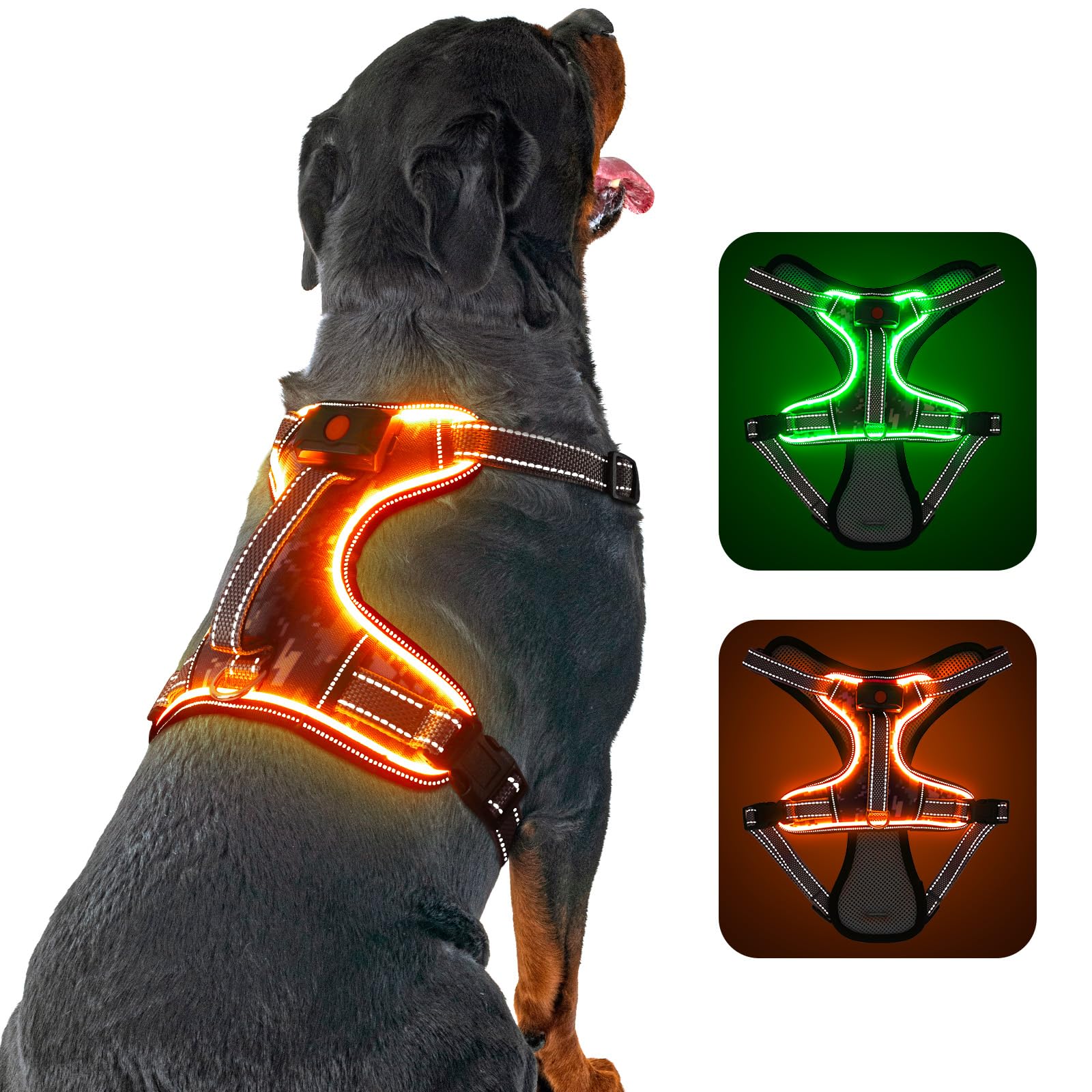 Light Up Dog Harness No Pull, LED Dog Harness with Soft Handle Rechargeable, Lighted Glowing Pet Vest Harness for Large Dogs Night Walking, Reflective/4 Point Adjustable/High Visibility - Orange, L Furr-Reel