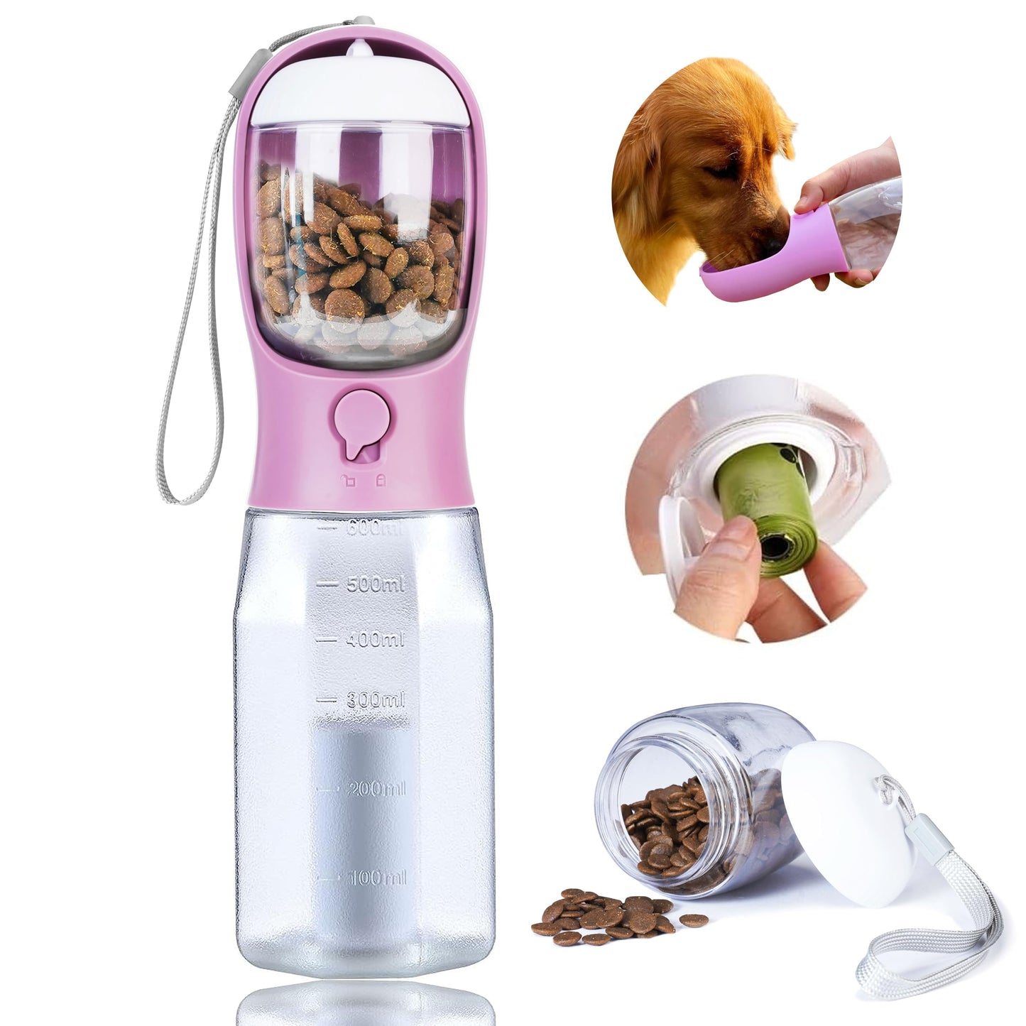 AVELORA Dog Water Bottle with Food Container, Portable Pet Dog Water Dispenser for Outdoor Walking,Hiking,Travel,Puppy Essentials,Puppy Supplies,Replaceable Waste Bags