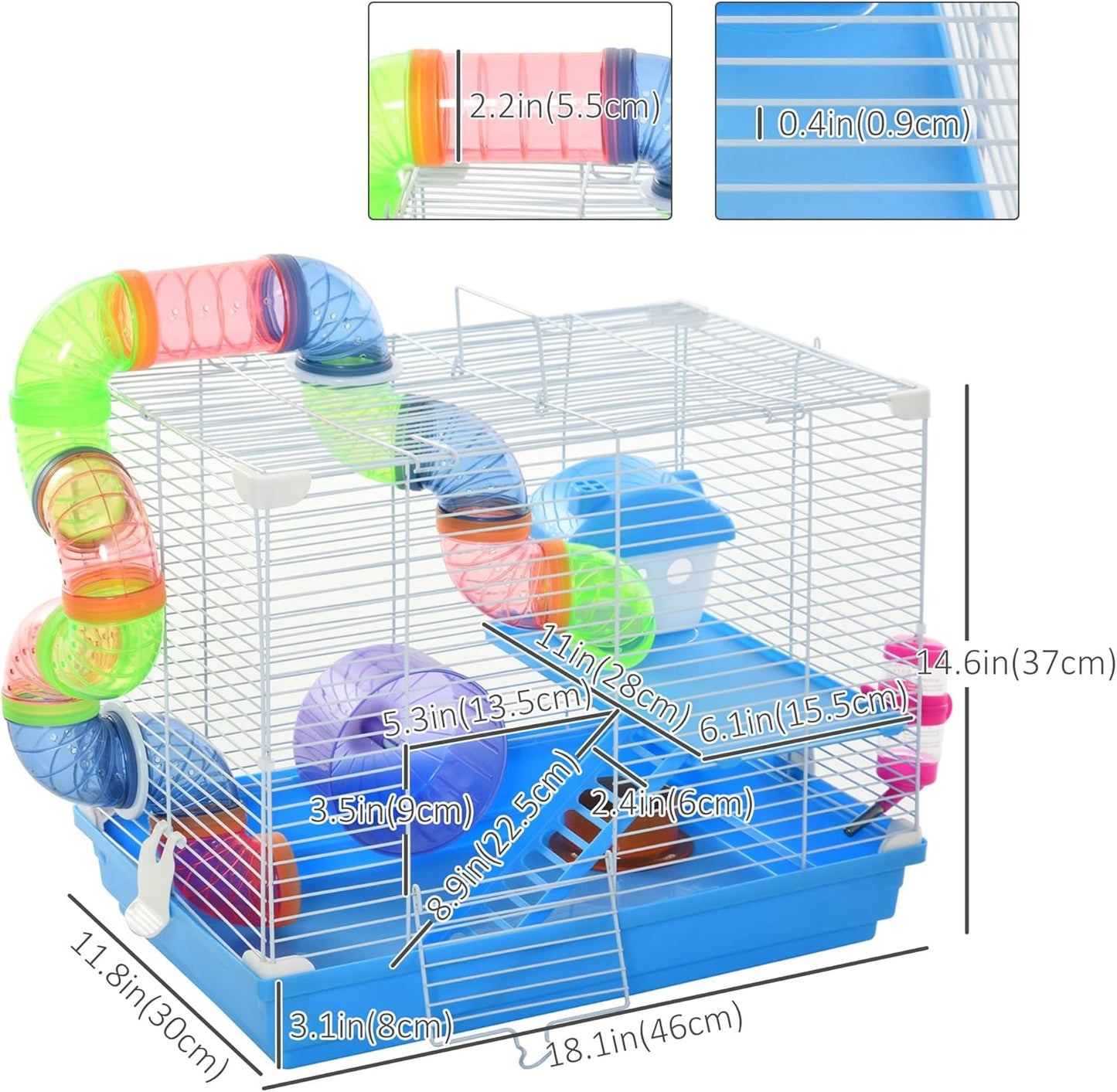 PawHut Cage pour hamster, petit animal - 45,7 cm de long - 2 niveaux - Avec système de tube tunnel - Roue d'exercice - Bouteille d'eau - Gamelle - Rampe - Bleu