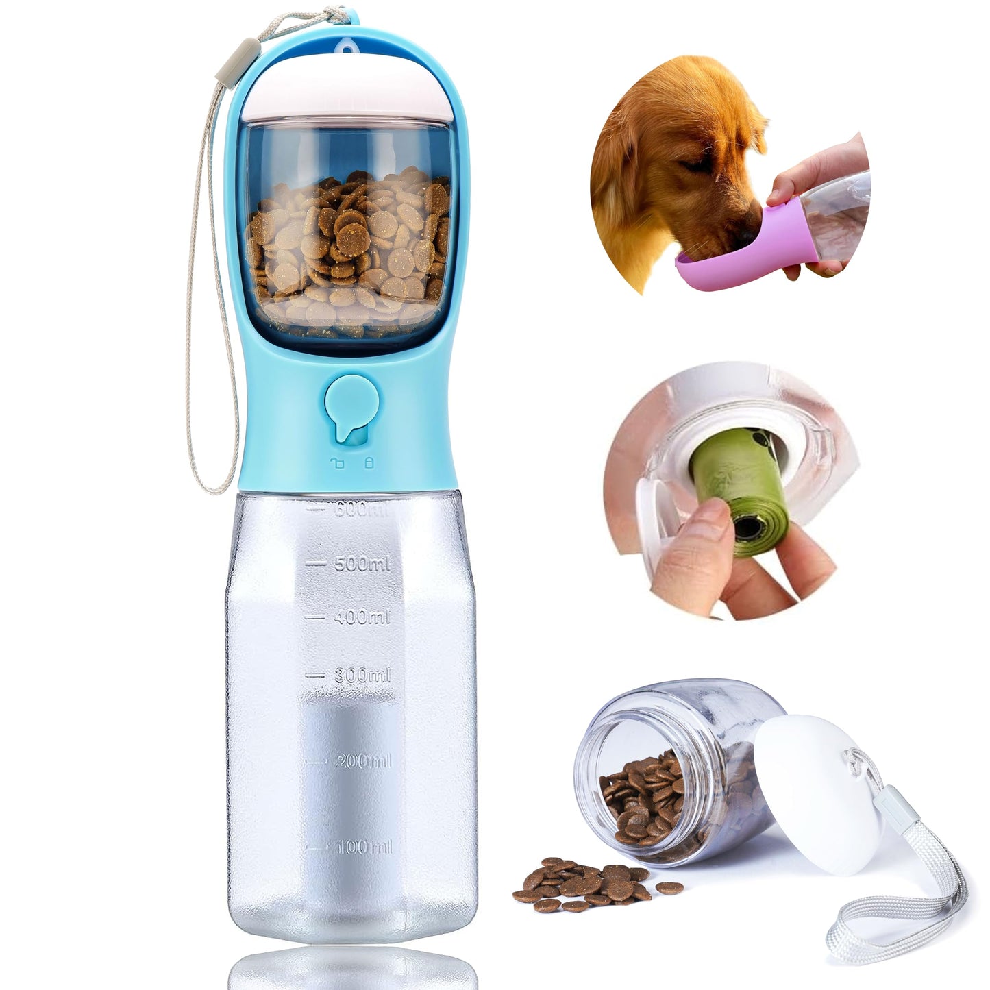 AVELORA Dog Water Bottle with Food Container, Portable Pet Dog Water Dispenser for Outdoor Walking,Hiking,Travel,Puppy Essentials,Puppy Supplies,Replaceable Waste Bags