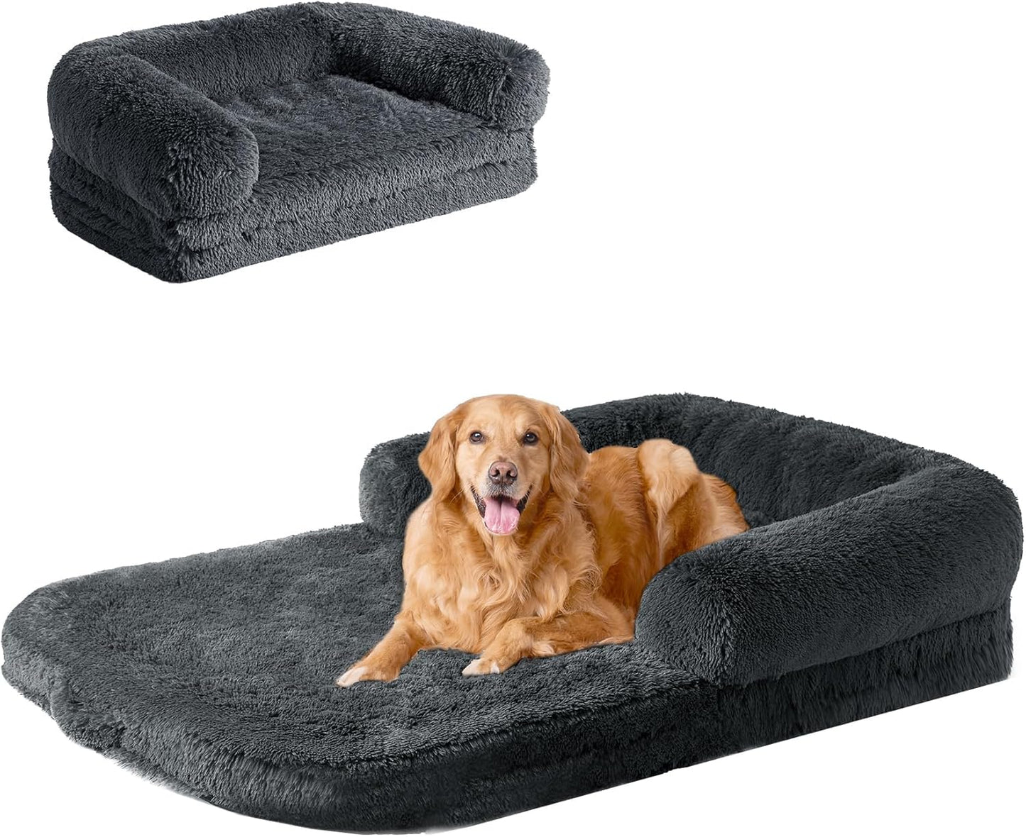 EHEYCIGA Foldable XXL Dog Bed, 54"x38"x7.5" Memory Foam Orthopedic Dog Couch for Extra Large Dogs, Calming Waterproof Pet Sofa with Washable Cover, Human Dog Bed for Kids, Dark Grey - Furr-Reel