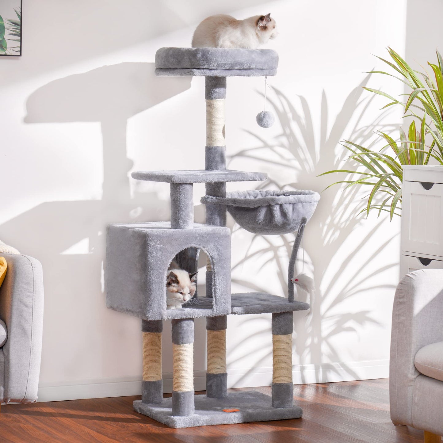 Heybly Cat Tree with Toy, Cat Tower condo for Indoor Cats, Cat House with Padded Plush Perch, Cozy Hammock and Sisal Scratching Posts, Light Gray HCT004SW