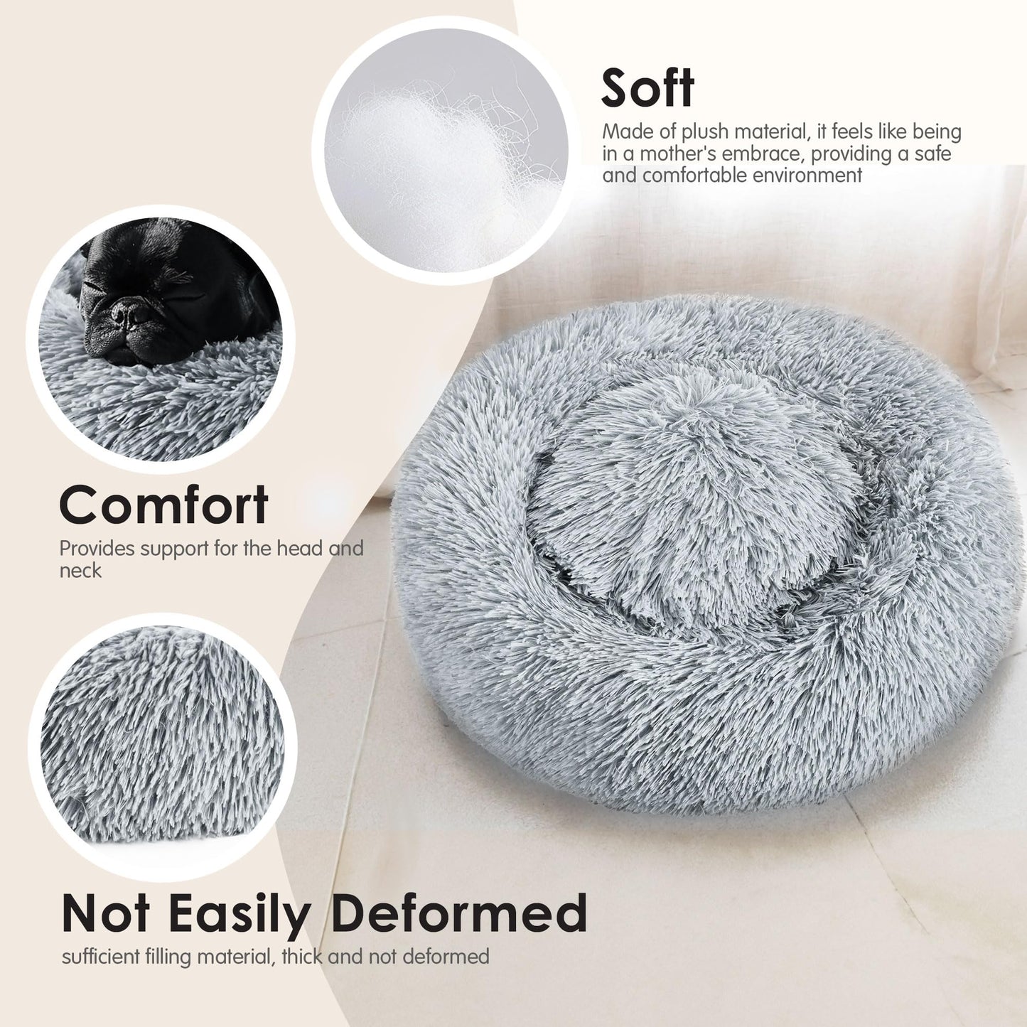 Dog & Cat Bed, 20in Cat Beds for Indoor Cats, Calming Donut Bed for Puppy and Kitten, Washable Round Fluffy Pet Bed for Small Medium Dogs and Cats (Light Grey)