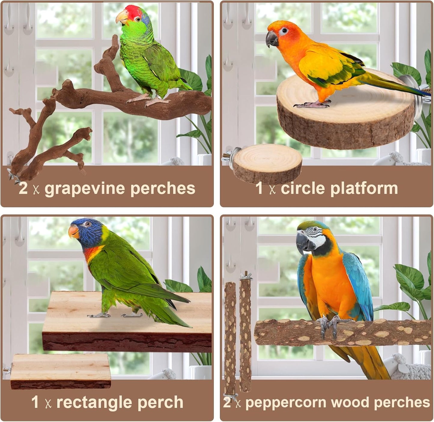 Parrot Perch Bird Perch Stand Set Natural Wild Wood Grape Sticks Paw Grinding Fork Parakeet Climbing Standing Branches Toys Cage Accessories for Conure,Cockatiels Lovebirds,Budgies Chewable 6PC Furr-Reel