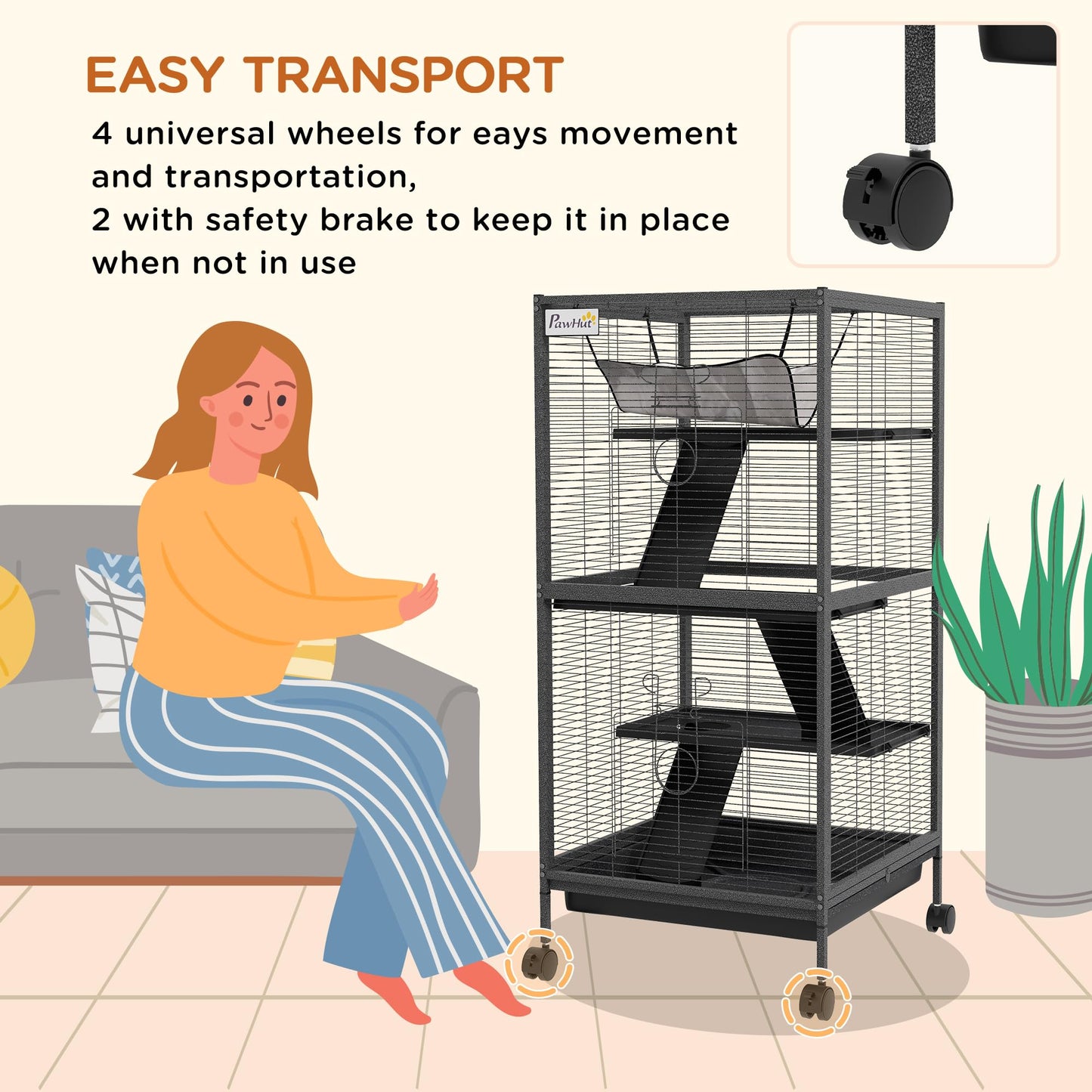 PawHut 4-Tier Rolling Small Animal Cage, Deluxe Guinea Pig Cage, Ferret Cage for Mink Chinchilla Kitten Rabbit, Small Pet Play House with Hammock Platform, Ramp, Removable Tray, Silver Grey