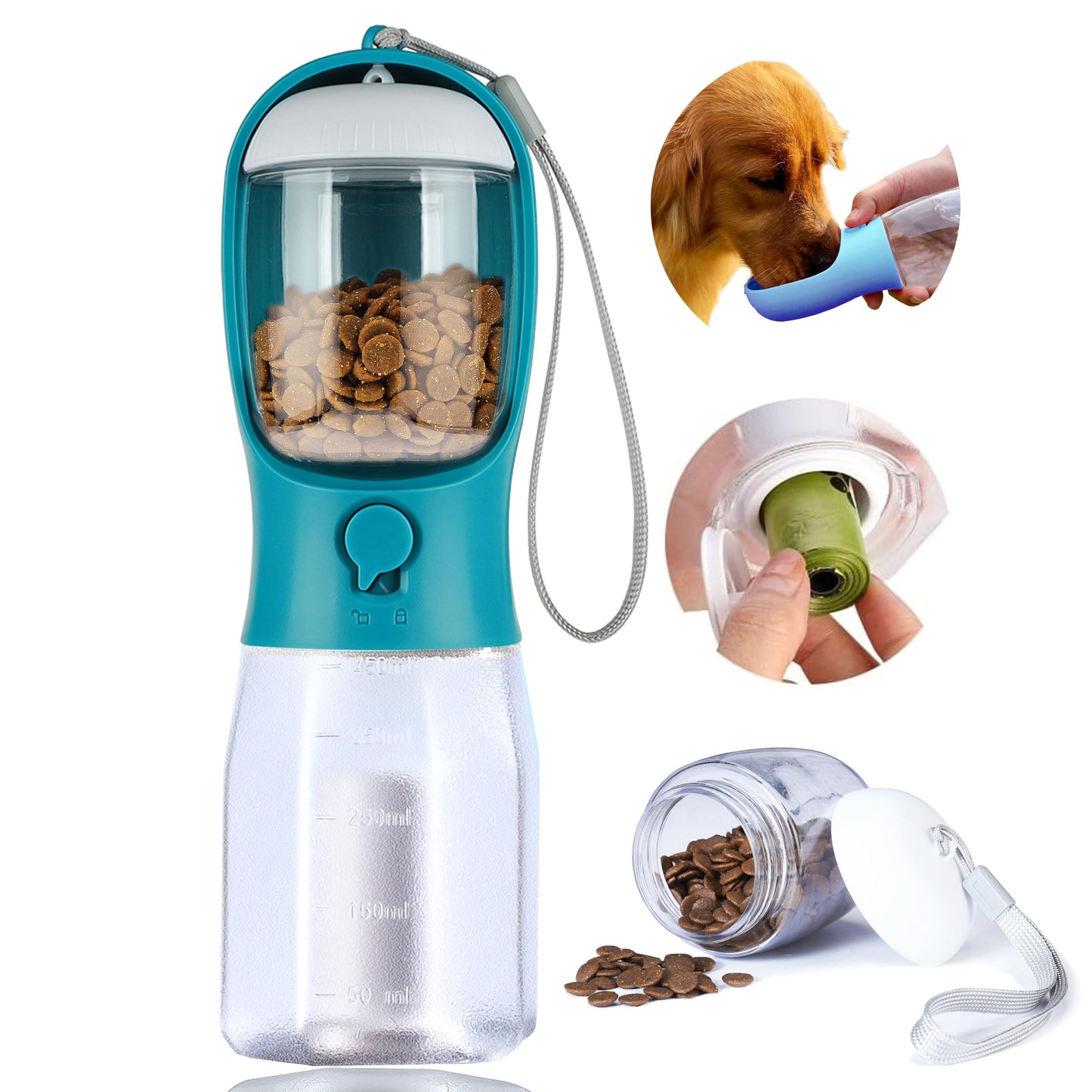AVELORA Dog Water Bottle with Food Container, Portable Pet Dog Water Dispenser for Outdoor Walking,Hiking,Travel,Puppy Essentials,Puppy Supplies,Replaceable Waste Bags