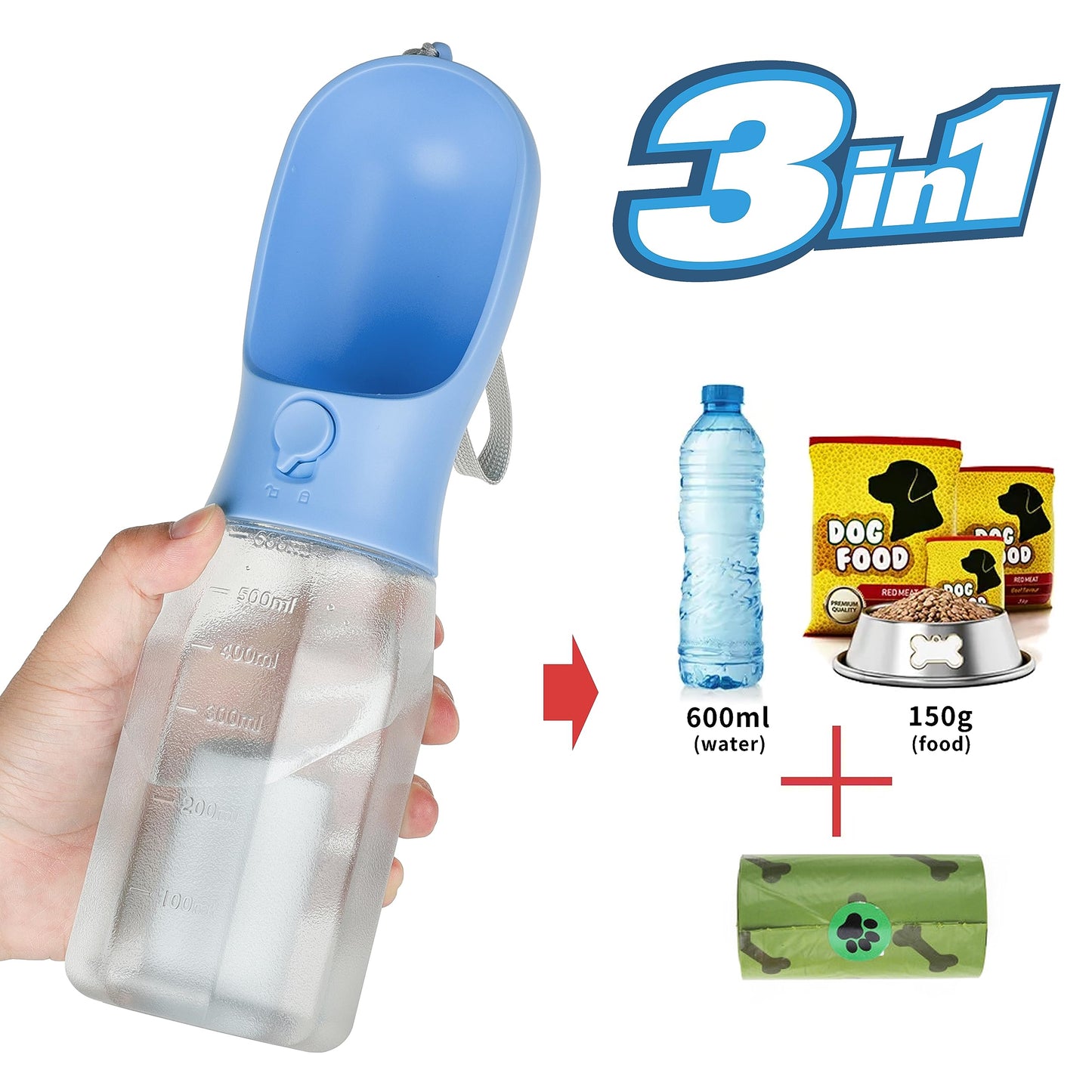 AVELORA Dog Water Bottle with Food Container, Portable Pet Dog Water Dispenser for Outdoor Walking,Hiking,Travel,Puppy Essentials,Puppy Supplies,Replaceable Waste Bags