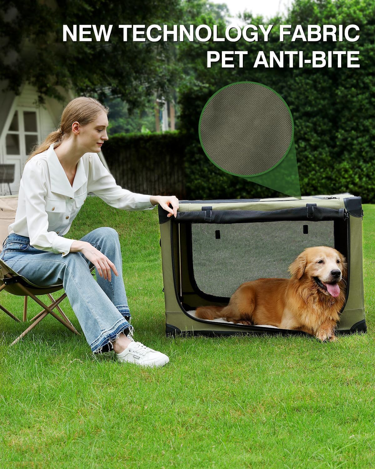 Veraste 30 Inch Collapsible Travel Dog Crate for Medium Large Dogs, Portable Dog Crate 4-Door Foldable Soft Kennel with Chew-Proof Mesh Windows for Indoor & Outdoor, with Storage Bag（Green）