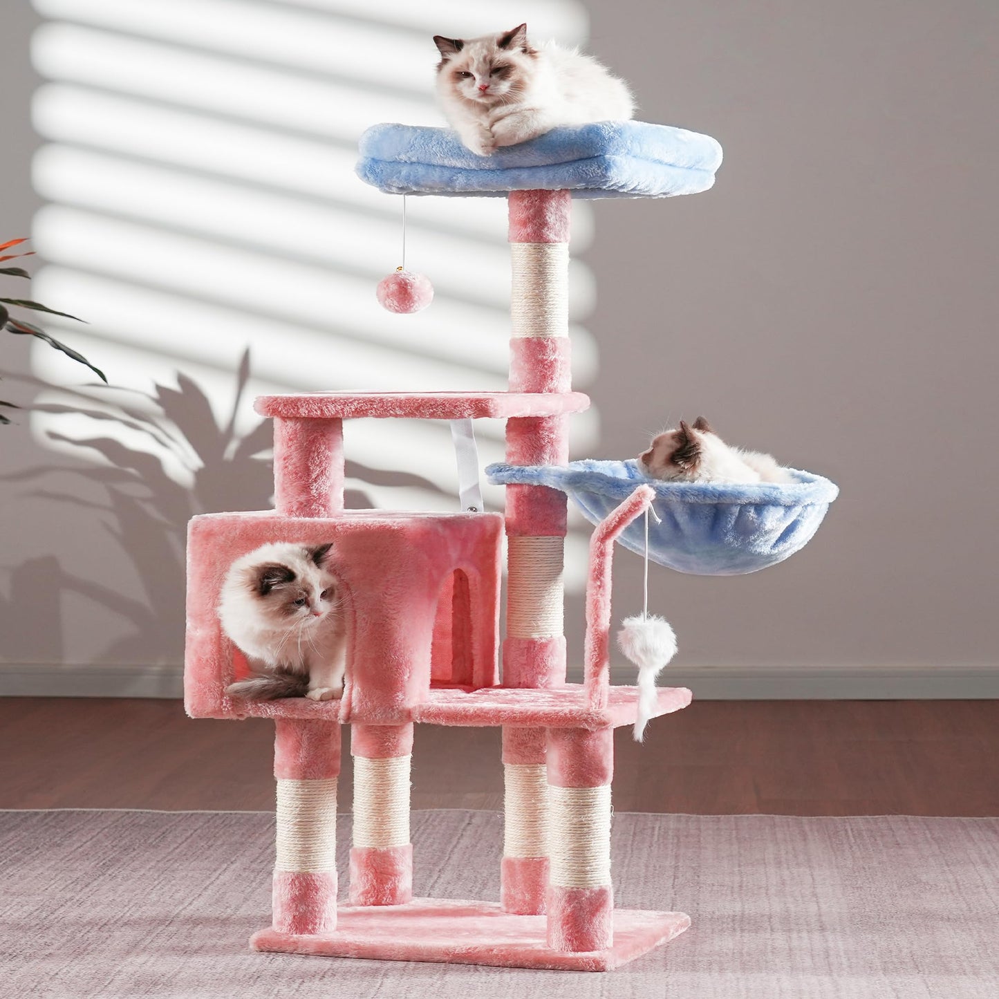 Heybly Cat Tree with Toy, Cat Tower condo for Indoor Cats, Cat House with Padded Plush Perch, Cozy Hammock and Sisal Scratching Posts, Light Gray HCT004SW