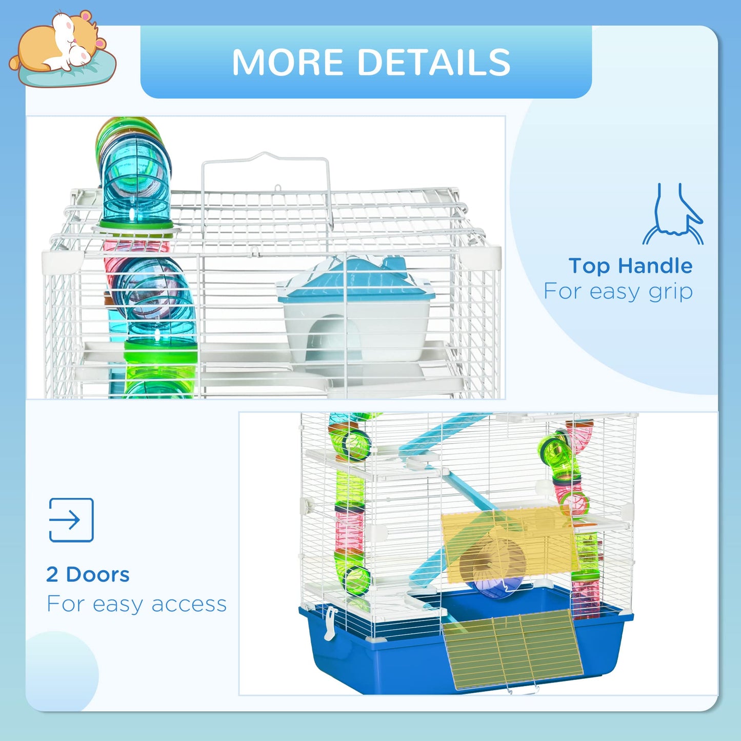 PawHut Hamster Cage, Small Animal House, 3-Level Guinea Pig Cage Gerbil Haven, Tunnel Tube System, with Water Bottle, Exercise Wheel, Food Dish, Ramps, Blue