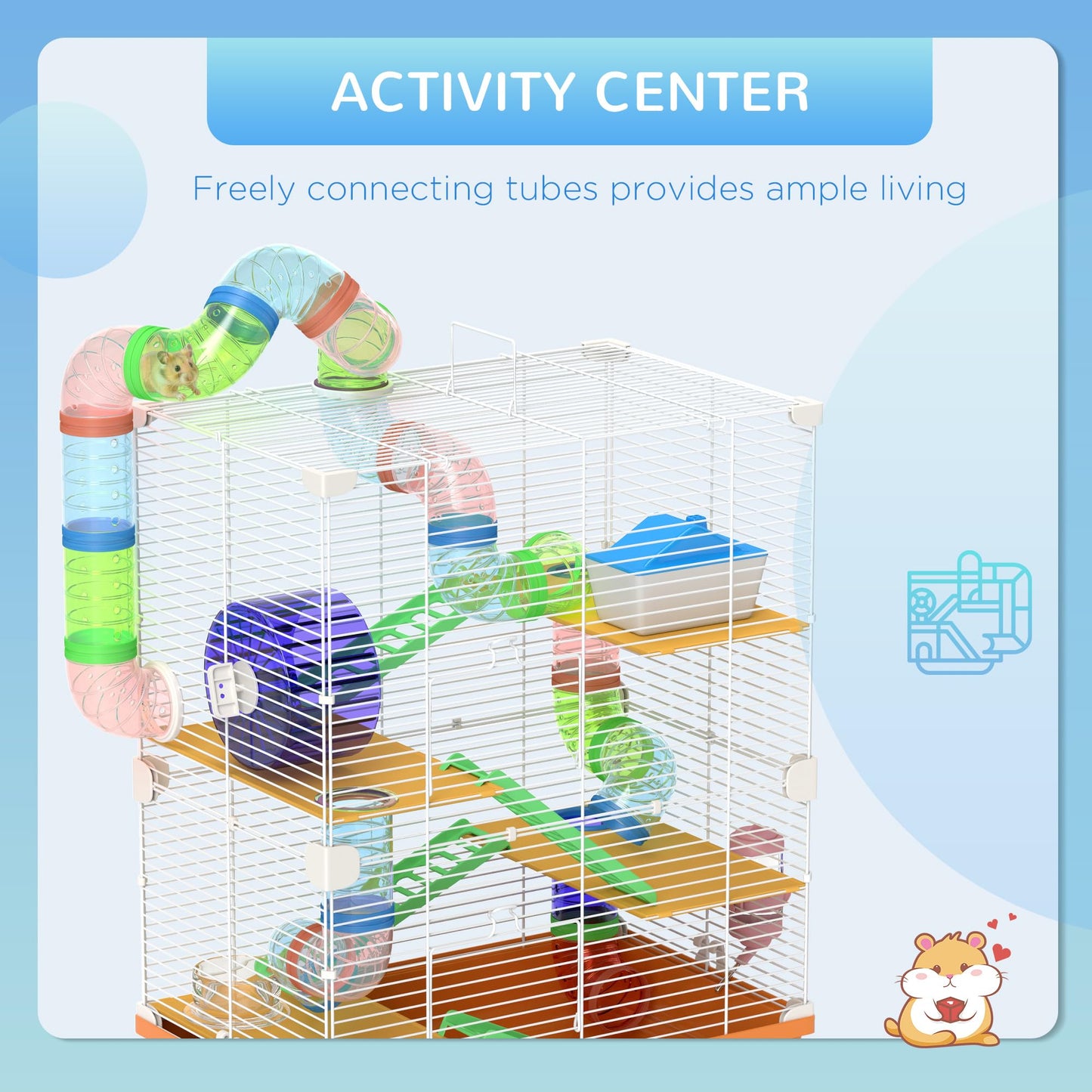 PawHut Hamster Cage, Small Animal House, 3-Level Guinea Pig Cage Gerbil Haven, Tunnel Tube System, with Water Bottle, Exercise Wheel, Food Dish, Ramps, Blue