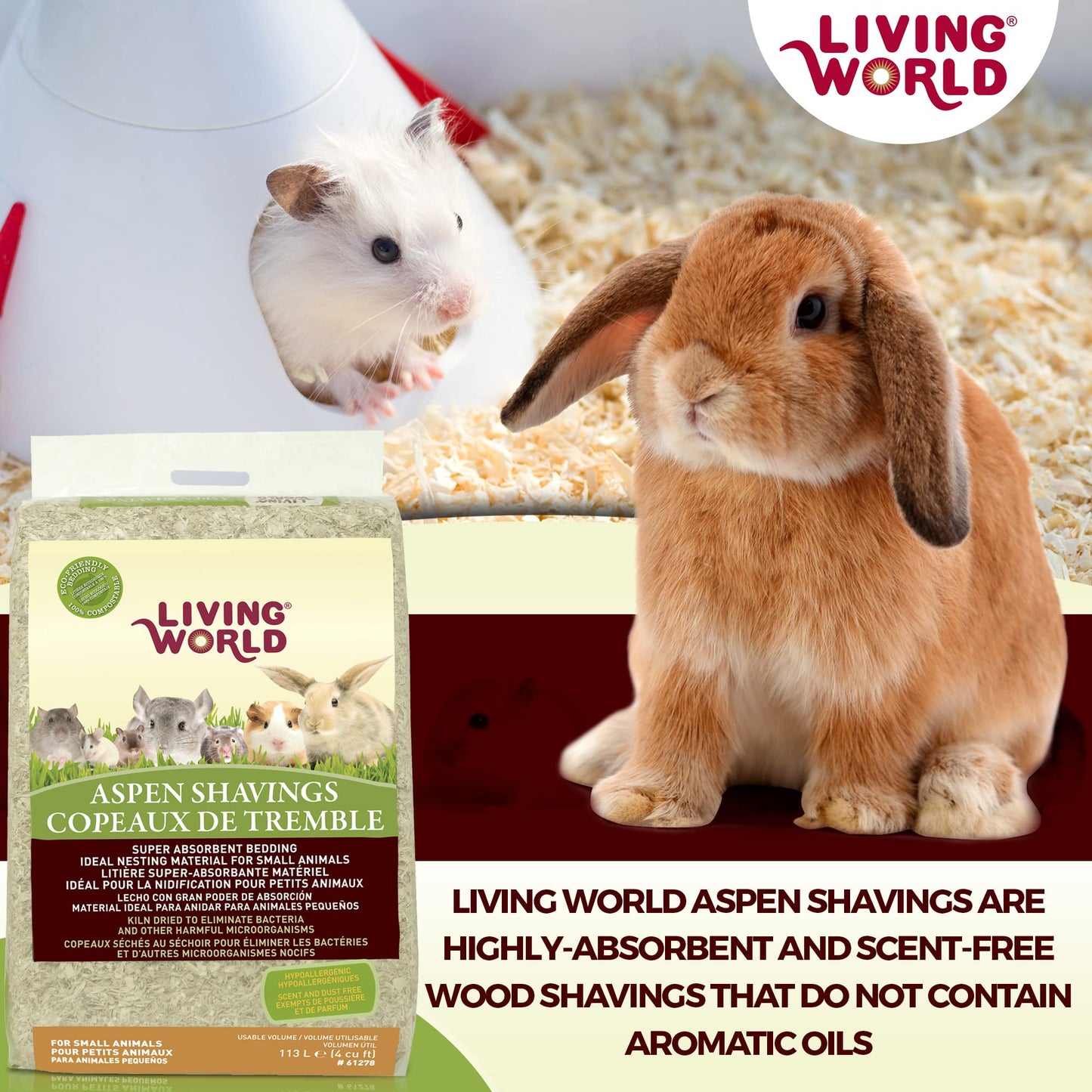 Living World Aspen Wood Shavings for Small Animals, Bedding & Nesting Material, 1200 Cubic Inches